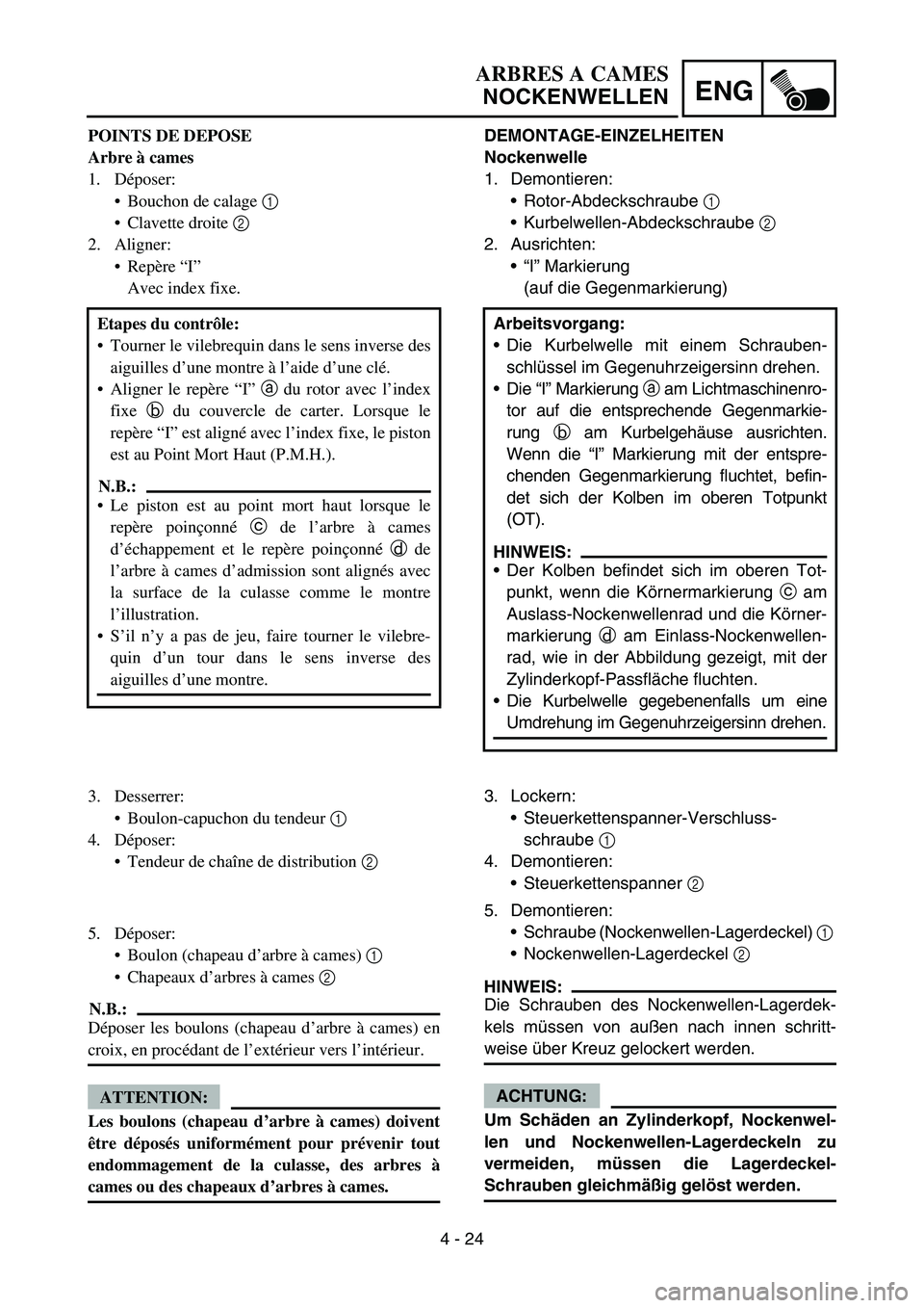 YAMAHA YZ450F 2007 Owners Manual 4 - 24
ENG
DEMONTAGE-EINZELHEITEN
Nockenwelle
1. Demontieren:
Rotor-Abdeckschraube 1
Kurbelwellen-Abdeckschraube 2
2. Ausrichten:
“I” Markierung
(auf die Gegenmarkierung)
Arbeitsvorgang:
Die YAMAHA YZ450F 2007 Owners Manual 4 - 24
ENG
DEMONTAGE-EINZELHEITEN
Nockenwelle
1. Demontieren:
Rotor-Abdeckschraube 1
Kurbelwellen-Abdeckschraube 2
2. Ausrichten:
“I” Markierung
(auf die Gegenmarkierung)
Arbeitsvorgang:
Die