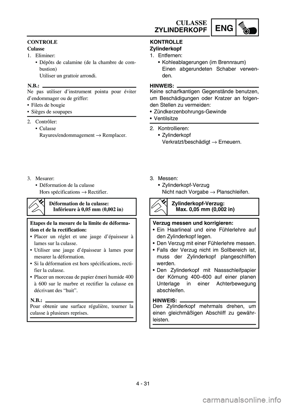 YAMAHA YZ450F 2007 Owners Manual 4 - 31
ENG
KONTROLLE
Zylinderkopf
1. Entfernen:
Kohleablagerungen (im Brennraum)
Einen abgerundeten Schaber verwen-
den.
HINWEIS:
Keine scharfkantigen Gegenstände benutzen,
um Beschädigungen oder K YAMAHA YZ450F 2007 Owners Manual 4 - 31
ENG
KONTROLLE
Zylinderkopf
1. Entfernen:
Kohleablagerungen (im Brennraum)
Einen abgerundeten Schaber verwen-
den.
HINWEIS:
Keine scharfkantigen Gegenstände benutzen,
um Beschädigungen oder K