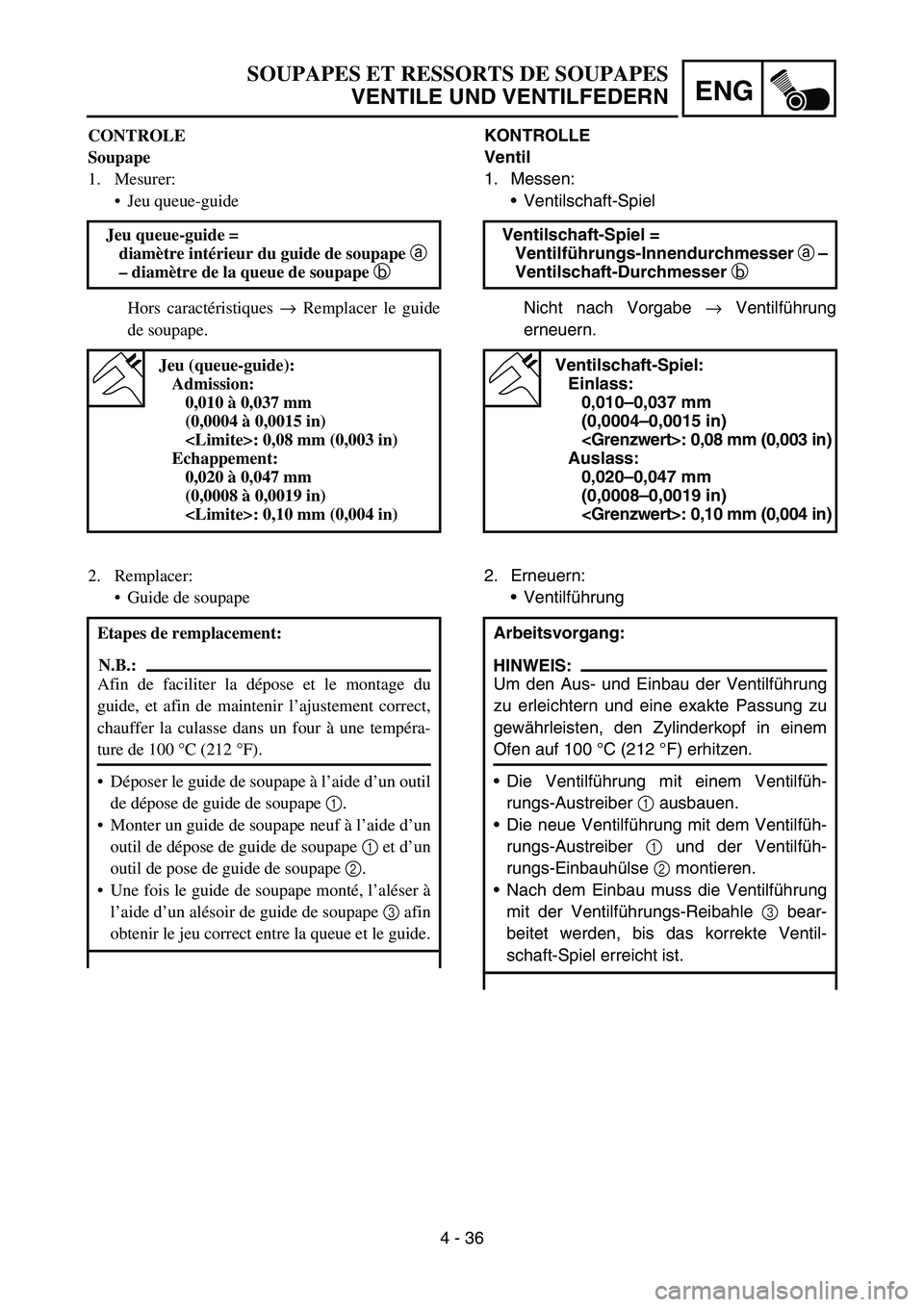 YAMAHA YZ450F 2007 Owners Manual 4 - 36
ENG
KONTROLLE
Ventil
1. Messen:
Ventilschaft-Spiel
Nicht nach Vorgabe → Ventilführung
erneuern. Ventilschaft-Spiel =
Ventilführungs-Innendurchmesser a –
Ventilschaft-Durchmesser b
Vent YAMAHA YZ450F 2007 Owners Manual 4 - 36
ENG
KONTROLLE
Ventil
1. Messen:
Ventilschaft-Spiel
Nicht nach Vorgabe → Ventilführung
erneuern. Ventilschaft-Spiel =
Ventilführungs-Innendurchmesser a –
Ventilschaft-Durchmesser b
Vent