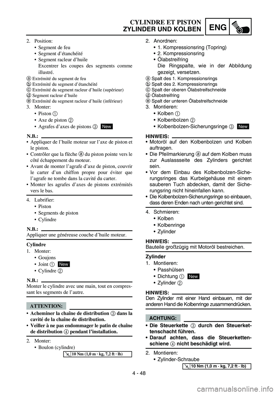 YAMAHA YZ450F 2007 User Guide 4 - 48
ENG
2. Anordnen:
1. Kompressionsring (Topring)
2. Kompressionsring
Ölabstreifring
Die Ringspalte, wie in der Abbildung
gezeigt, versetzen.
aSpalt des 1. Kompressionsrings
bSpalt des 2. Komp YAMAHA YZ450F 2007 User Guide 4 - 48
ENG
2. Anordnen:
1. Kompressionsring (Topring)
2. Kompressionsring
Ölabstreifring
Die Ringspalte, wie in der Abbildung
gezeigt, versetzen.
aSpalt des 1. Kompressionsrings
bSpalt des 2. Komp