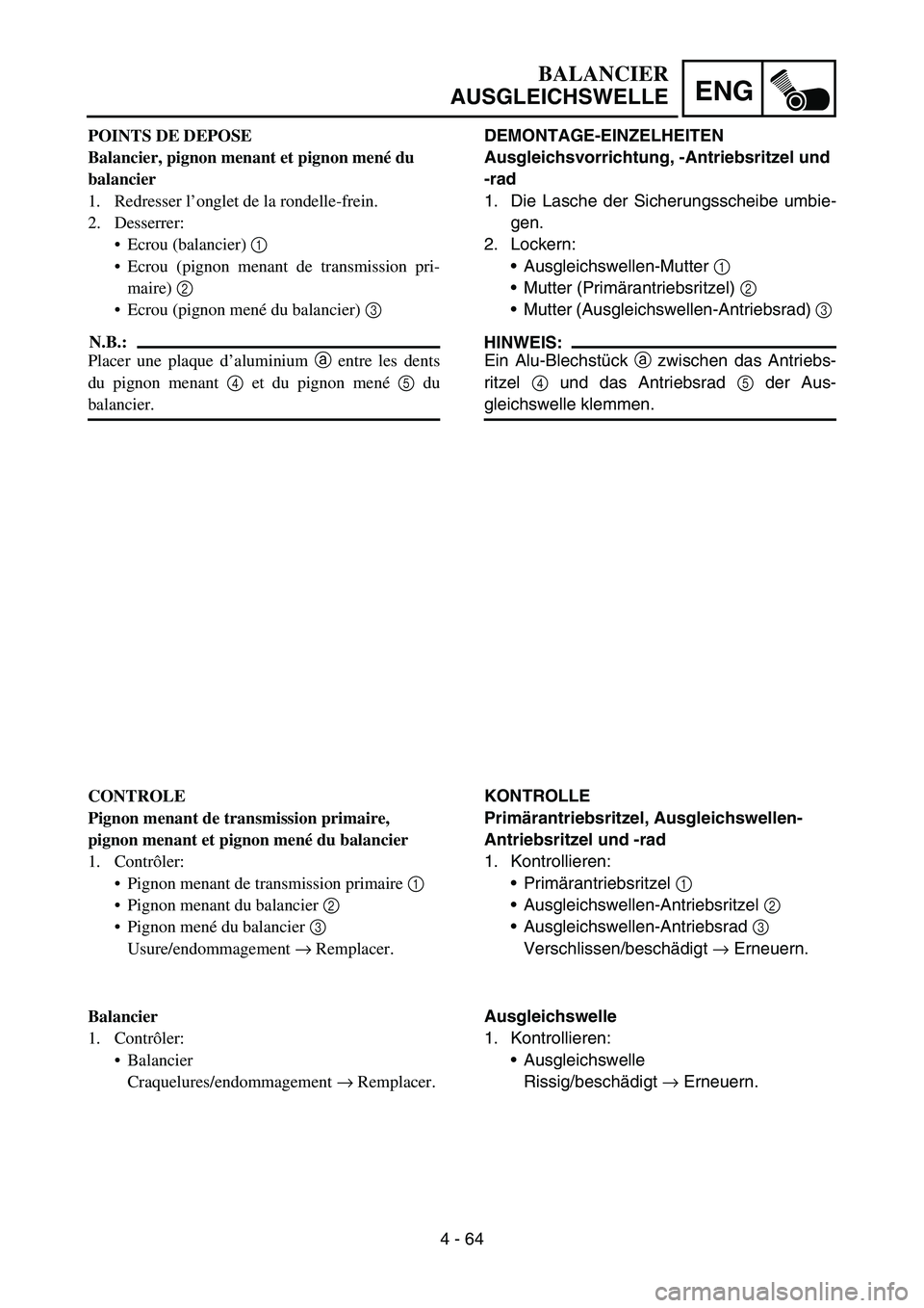 YAMAHA YZ450F 2007 Owners Manual 4 - 64
ENG
DEMONTAGE-EINZELHEITEN
Ausgleichsvorrichtung, -Antriebsritzel und
-rad
1. Die Lasche der Sicherungsscheibe umbie-
gen.
2. Lockern:
Ausgleichswellen-Mutter 1
Mutter (Primärantriebsritze YAMAHA YZ450F 2007 Owners Manual 4 - 64
ENG
DEMONTAGE-EINZELHEITEN
Ausgleichsvorrichtung, -Antriebsritzel und
-rad
1. Die Lasche der Sicherungsscheibe umbie-
gen.
2. Lockern:
Ausgleichswellen-Mutter 1
Mutter (Primärantriebsritze