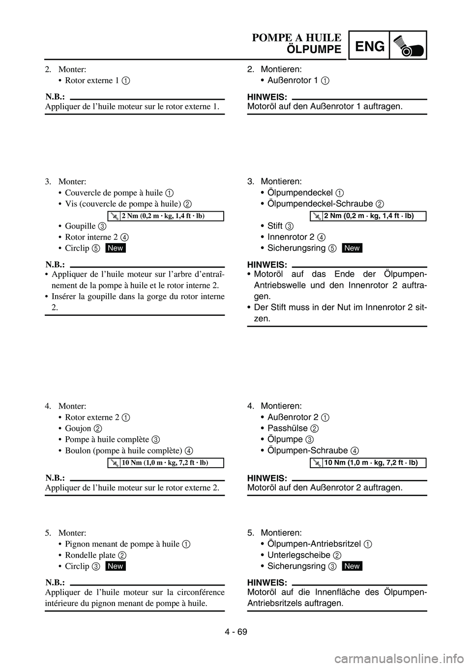 YAMAHA YZ450F 2007 Notices Demploi (in French) 4 - 69
ENG
2. Montieren:
Außenrotor 1 1
HINWEIS:
Motoröl auf den Außenrotor 1 auftragen.
3. Montieren:
Ölpumpendeckel 1
Ölpumpendeckel-Schraube 2
Stift 3
Innenrotor 2 4
Sicherungsring YAMAHA YZ450F 2007 Notices Demploi (in French) 4 - 69
ENG
2. Montieren:
Außenrotor 1 1
HINWEIS:
Motoröl auf den Außenrotor 1 auftragen.
3. Montieren:
Ölpumpendeckel 1
Ölpumpendeckel-Schraube 2
Stift 3
Innenrotor 2 4
Sicherungsring