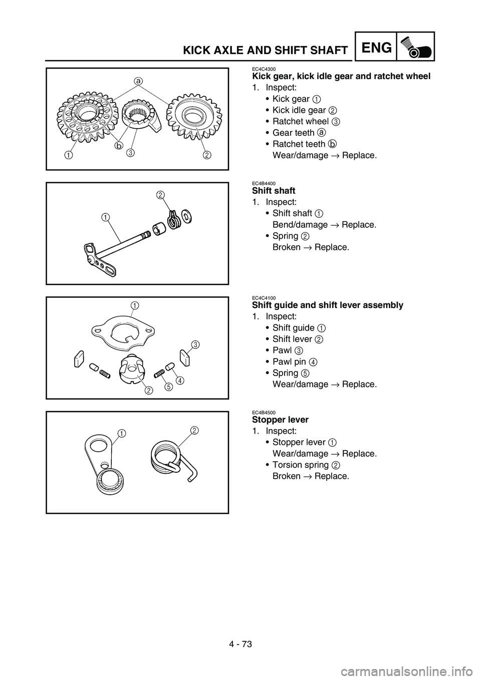 YAMAHA YZ450F 2007 Owners Manual 4 - 73
ENGKICK AXLE AND SHIFT SHAFT
EC4C4300
Kick gear, kick idle gear and ratchet wheel
1. Inspect:
Kick gear 1
Kick idle gear 2
Ratchet wheel 3
Gear teeth a
Ratchet teeth b
Wear/damage → YAMAHA YZ450F 2007 Owners Manual 4 - 73
ENGKICK AXLE AND SHIFT SHAFT
EC4C4300
Kick gear, kick idle gear and ratchet wheel
1. Inspect:
Kick gear 1
Kick idle gear 2
Ratchet wheel 3
Gear teeth a
Ratchet teeth b
Wear/damage →