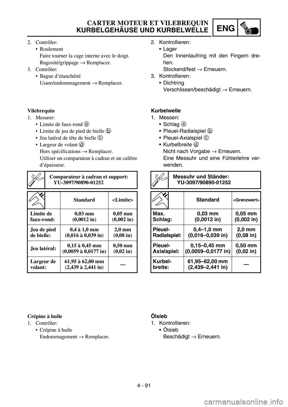 YAMAHA YZ450F 2007 Notices Demploi (in French) 4 - 91
ENG
2. Kontrollieren:
Lager
Den Innenlaufring mit den Fingern dre-
hen.
Stockend/fest → Erneuern.
3. Kontrollieren:
Dichtring
Verschlissen/beschädigt → Erneuern.
Kurbelwelle
1. Messen:
YAMAHA YZ450F 2007 Notices Demploi (in French) 4 - 91
ENG
2. Kontrollieren:
Lager
Den Innenlaufring mit den Fingern dre-
hen.
Stockend/fest → Erneuern.
3. Kontrollieren:
Dichtring
Verschlissen/beschädigt → Erneuern.
Kurbelwelle
1. Messen:
