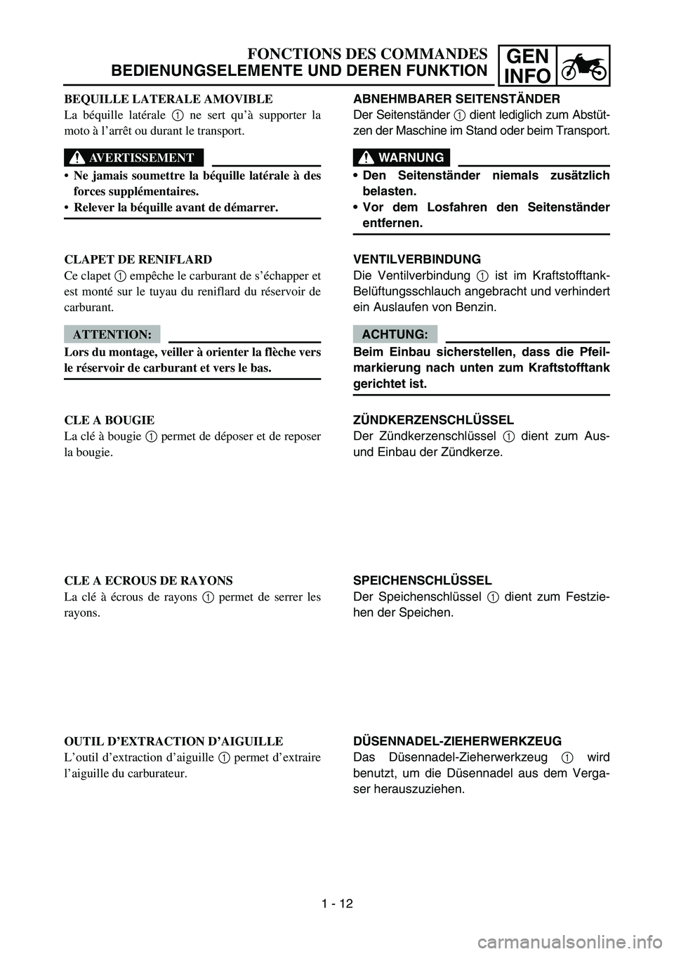 YAMAHA YZ450F 2007 Workshop Manual GEN
INFO
ABNEHMBARER SEITENSTÄNDER
Der Seitenständer 1 dient lediglich zum Abstüt-
zen der Maschine im Stand oder beim Transport.
WARNUNG
Den Seitenständer niemals zusätzlich
belasten.
Vor dem YAMAHA YZ450F 2007 Workshop Manual GEN
INFO
ABNEHMBARER SEITENSTÄNDER
Der Seitenständer 1 dient lediglich zum Abstüt-
zen der Maschine im Stand oder beim Transport.
WARNUNG
Den Seitenständer niemals zusätzlich
belasten.
Vor dem