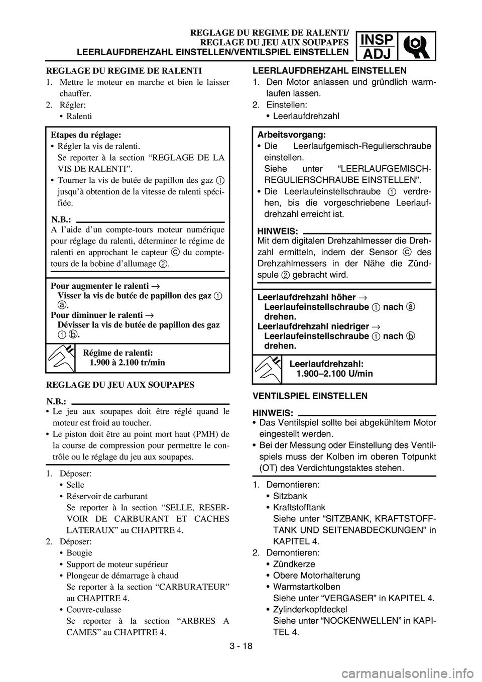 YAMAHA YZ450F 2006 Owners Manual INSP
ADJ
REGLAGE DU REGIME DE RALENTI/
REGLAGE DU JEU AUX SOUPAPES
LEERLAUFDREHZAHL EINSTELLEN/VENTILSPIEL EINSTELLEN
LEERLAUFDREHZAHL EINSTELLEN
1. Den Motor anlassen und gründlich warm-
laufen lass YAMAHA YZ450F 2006 Owners Manual INSP
ADJ
REGLAGE DU REGIME DE RALENTI/
REGLAGE DU JEU AUX SOUPAPES
LEERLAUFDREHZAHL EINSTELLEN/VENTILSPIEL EINSTELLEN
LEERLAUFDREHZAHL EINSTELLEN
1. Den Motor anlassen und gründlich warm-
laufen lass
