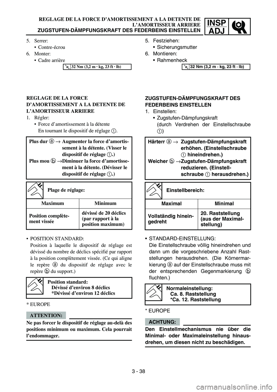 YAMAHA YZ450F 2006 Owners Manual INSP
ADJ
REGLAGE DE LA FORCE D’AMORTISSEMENT A LA DETENTE DE
L’AMORTISSEUR ARRIERE
ZUGSTUFEN-DÄMPFUNGSKRAFT DES FEDERBEINS EINSTELLEN
5. Festziehen:
Sicherungsmutter
6. Montieren:
Rahmenheck
ZU YAMAHA YZ450F 2006 Owners Manual INSP
ADJ
REGLAGE DE LA FORCE D’AMORTISSEMENT A LA DETENTE DE
L’AMORTISSEUR ARRIERE
ZUGSTUFEN-DÄMPFUNGSKRAFT DES FEDERBEINS EINSTELLEN
5. Festziehen:
Sicherungsmutter
6. Montieren:
Rahmenheck
ZU