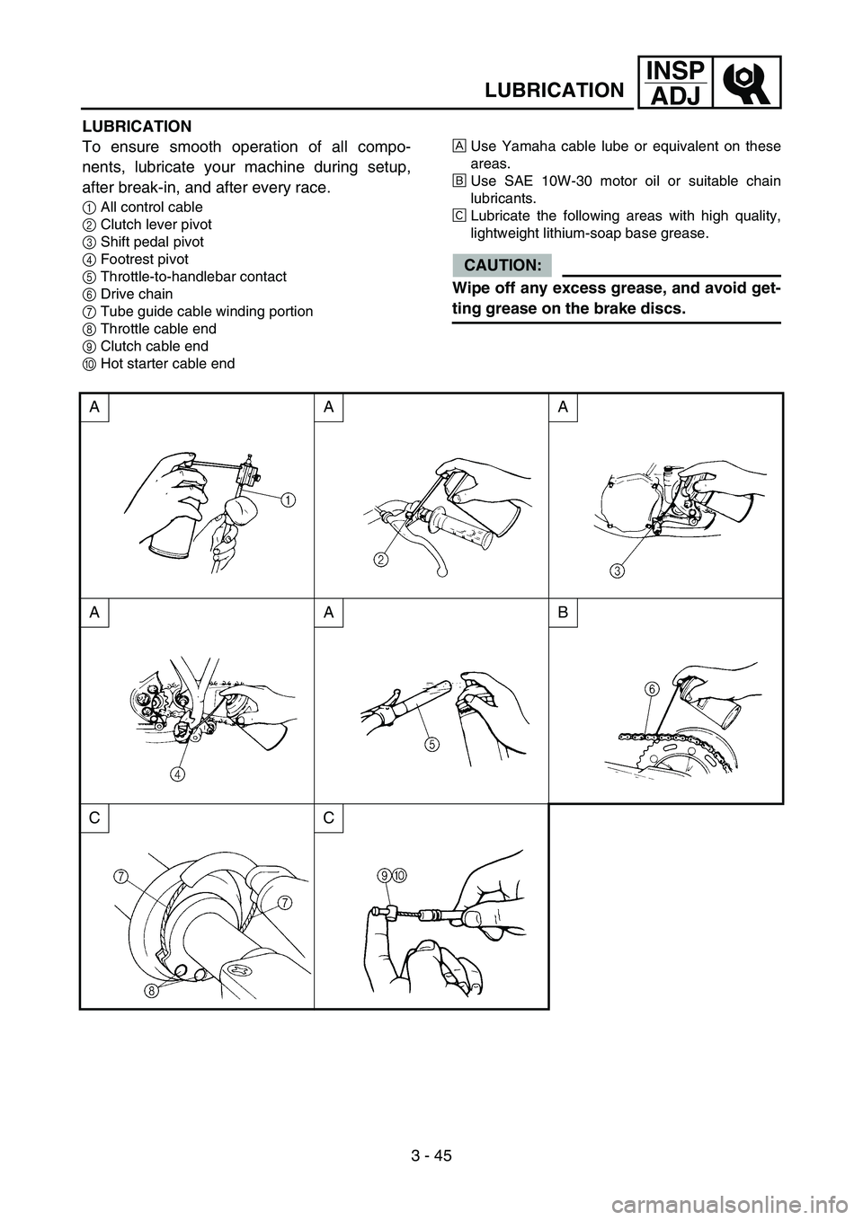 YAMAHA YZ450F 2006 Owners Manual 3 - 45
INSP
ADJ
LUBRICATION
LUBRICATION
To ensure smooth operation of all compo-
nents, lubricate your machine during setup,
after break-in, and after every race.
1All control cable
2Clutch lever pivo YAMAHA YZ450F 2006 Owners Manual 3 - 45
INSP
ADJ
LUBRICATION
LUBRICATION
To ensure smooth operation of all compo-
nents, lubricate your machine during setup,
after break-in, and after every race.
1All control cable
2Clutch lever pivo
