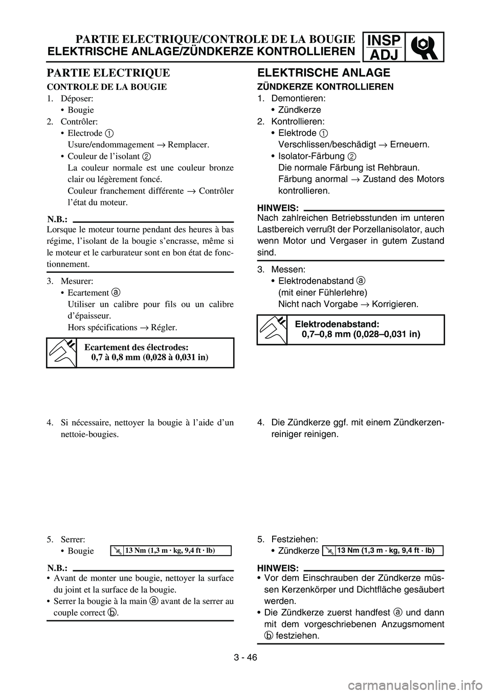 YAMAHA YZ450F 2006 Owners Manual INSP
ADJPARTIE ELECTRIQUE/CONTROLE DE LA BOUGIE
ELEKTRISCHE ANLAGE/ZÜNDKERZE KONTROLLIEREN
ELEKTRISCHE ANLAGE
ZÜNDKERZE KONTROLLIEREN
1. Demontieren:
Zündkerze
2. Kontrollieren:
Elektrode 1
Vers YAMAHA YZ450F 2006 Owners Manual INSP
ADJPARTIE ELECTRIQUE/CONTROLE DE LA BOUGIE
ELEKTRISCHE ANLAGE/ZÜNDKERZE KONTROLLIEREN
ELEKTRISCHE ANLAGE
ZÜNDKERZE KONTROLLIEREN
1. Demontieren:
Zündkerze
2. Kontrollieren:
Elektrode 1
Vers