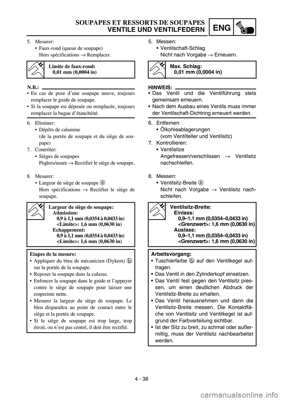 YAMAHA YZ450F 2006  Betriebsanleitungen (in German) 4 - 38
ENG
5. Messen:
Ventilschaft-Schlag
Nicht nach Vorgabe → Erneuern.
HINWEIS:
Das Ventil und die Ventilführung stets
gemeinsam erneuern.
Nach dem Ausbau eines Ventils muss immer
der Ventilsc