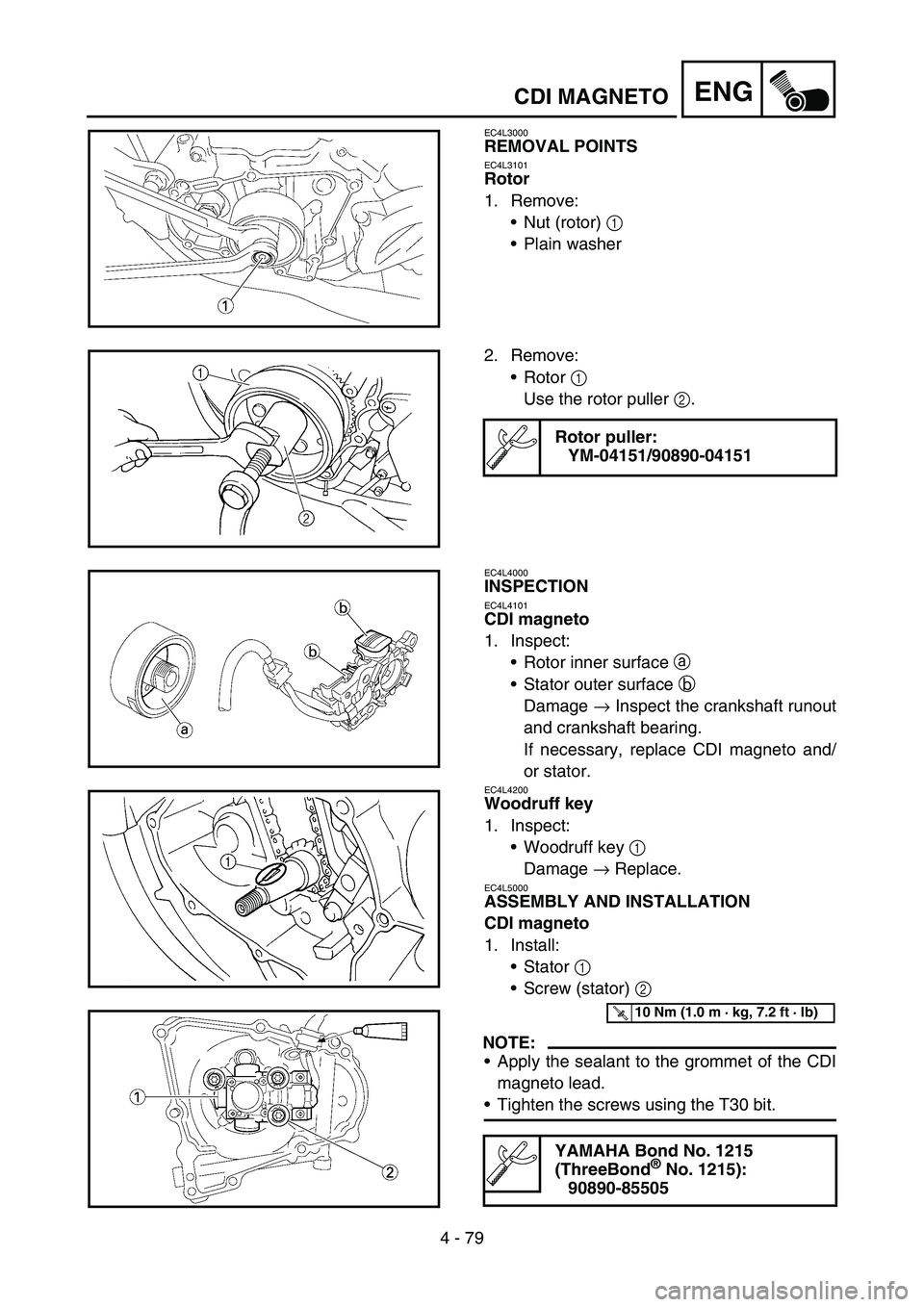 YAMAHA YZ450F 2006  Notices Demploi (in French) 4 - 79
ENGCDI MAGNETO
EC4L3000
REMOVAL POINTS
EC4L3101
Rotor
1. Remove:
Nut (rotor) 1 
Plain washer
2. Remove:
Rotor 1 
Use the rotor puller 2.
Rotor puller:
YM-04151/90890-04151
EC4L4000
INSPECTIO