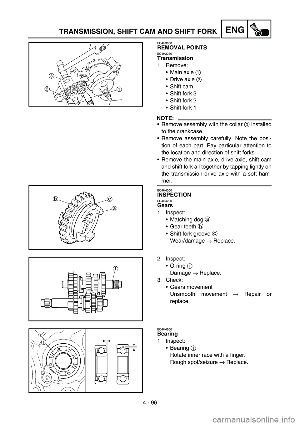 YAMAHA YZ450F 2006 Notices Demploi (in French) 4 - 96
ENGTRANSMISSION, SHIFT CAM AND SHIFT FORK
EC4H3000
REMOVAL POINTS
EC4H3230
Transmission
1. Remove:
Main axle 1
Drive axle 2
Shift cam
Shift fork 3
Shift fork 2
Shift fork 1
NOTE:
Re YAMAHA YZ450F 2006 Notices Demploi (in French) 4 - 96
ENGTRANSMISSION, SHIFT CAM AND SHIFT FORK
EC4H3000
REMOVAL POINTS
EC4H3230
Transmission
1. Remove:
Main axle 1
Drive axle 2
Shift cam
Shift fork 3
Shift fork 2
Shift fork 1
NOTE:
Re