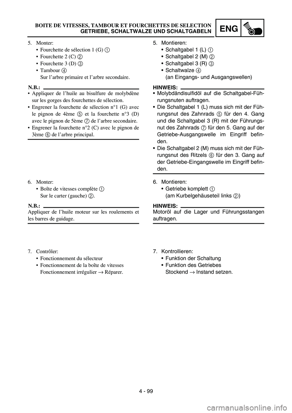 YAMAHA YZ450F 2006 Notices Demploi (in French) 4 - 99
ENG
5. Montieren:
Schaltgabel 1 (L) 1
Schaltgabel 2 (M) 2
Schaltgabel 3 (R) 3
Schaltwalze 4
(an Eingangs- und Ausgangswellen)
HINWEIS:
Molybdändisulfidöl auf die Schaltgabel-Füh-
ru YAMAHA YZ450F 2006 Notices Demploi (in French) 4 - 99
ENG
5. Montieren:
Schaltgabel 1 (L) 1
Schaltgabel 2 (M) 2
Schaltgabel 3 (R) 3
Schaltwalze 4
(an Eingangs- und Ausgangswellen)
HINWEIS:
Molybdändisulfidöl auf die Schaltgabel-Füh-
ru