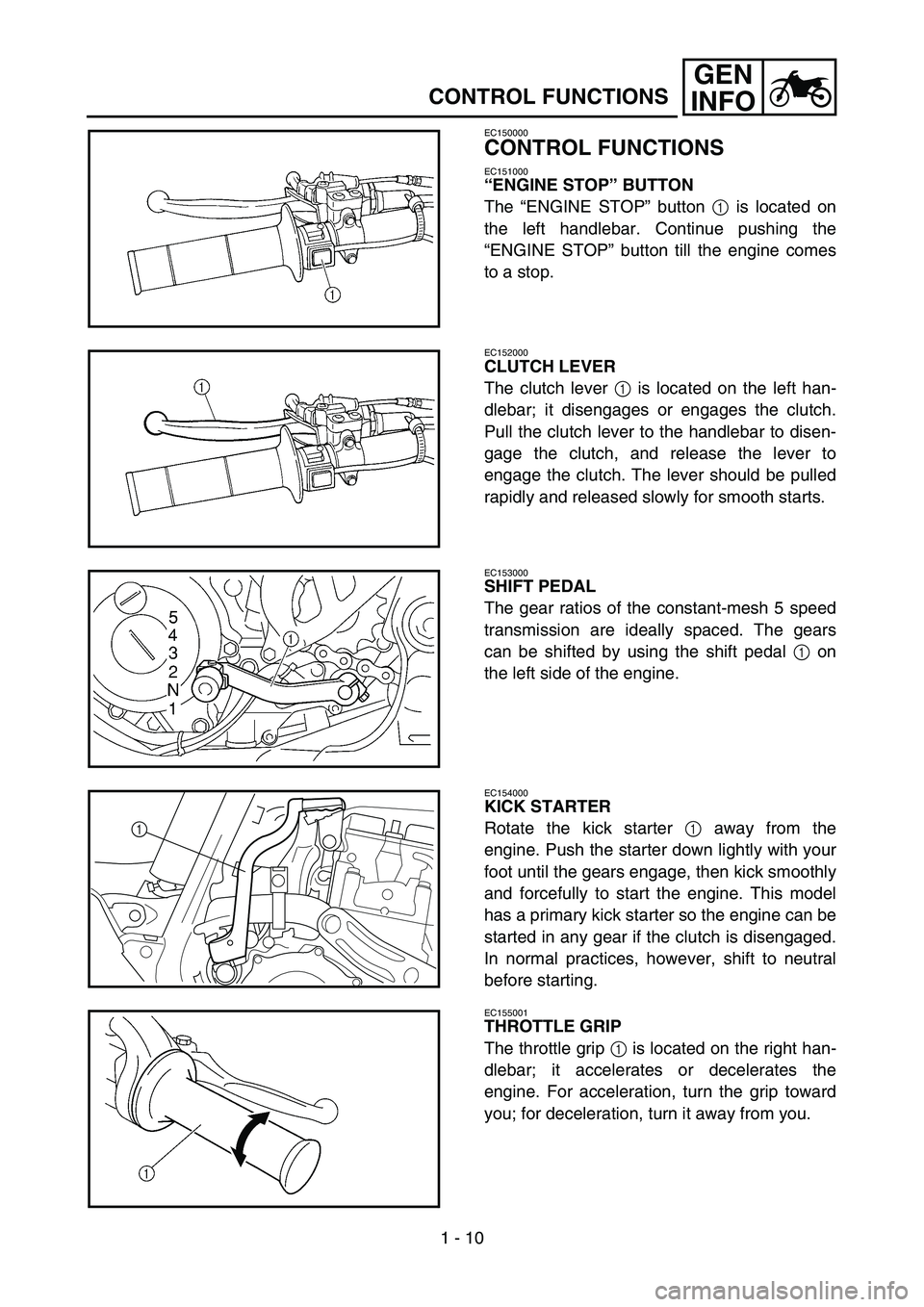 YAMAHA YZ450F 2006  Owners Manual 1 - 10
GEN
INFO
CONTROL FUNCTIONS
EC150000
CONTROL FUNCTIONS
EC151000
“ENGINE STOP” BUTTON
The “ENGINE STOP” button 1 is located on
the left handlebar. Continue pushing the
“ENGINE STOP” b
