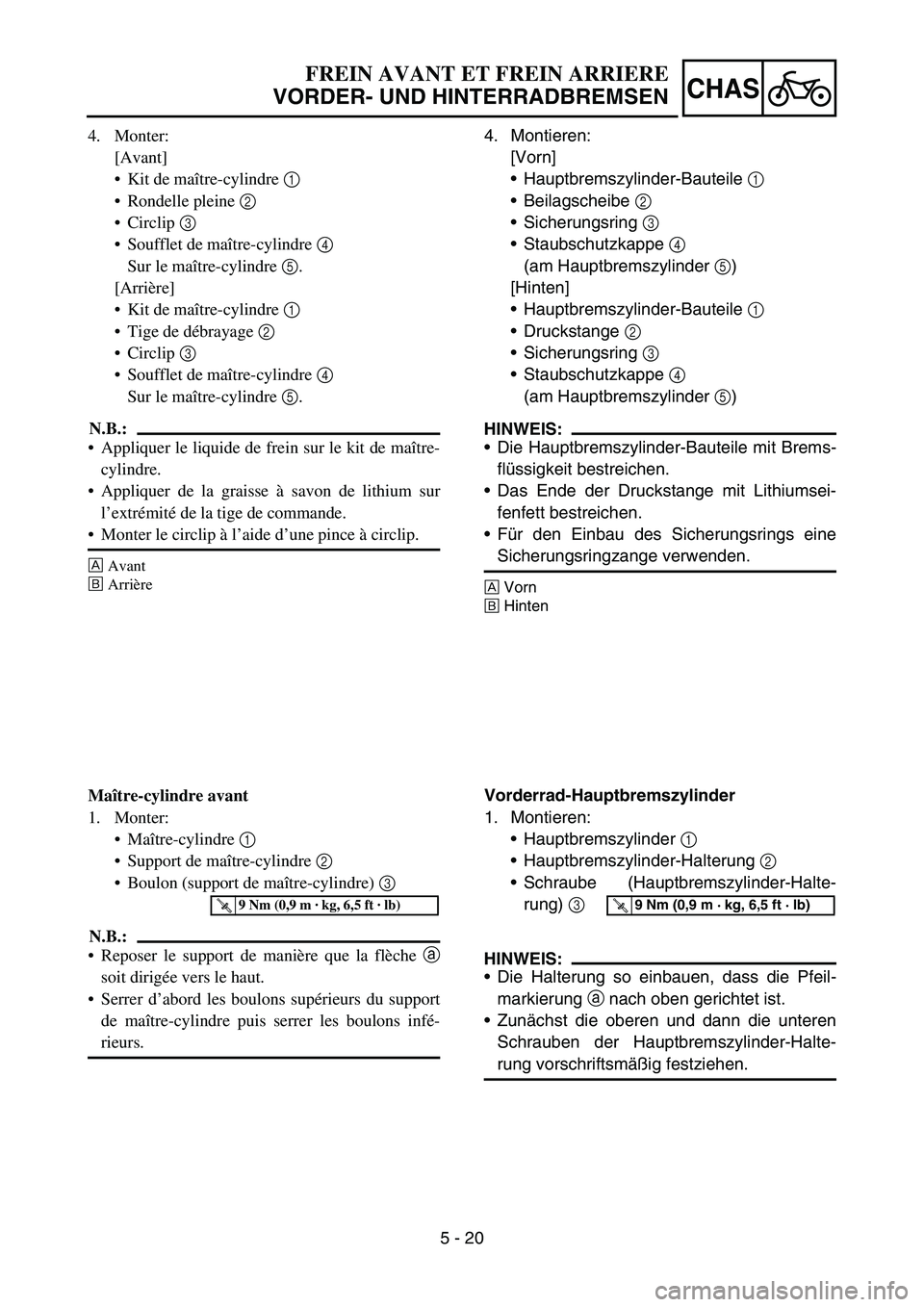 YAMAHA YZ450F 2006  Notices Demploi (in French) 5 - 20
CHAS
4. Monter:
[Avant]
Kit de maître-cylindre 1 
Rondelle pleine 2 
Circlip 3 
Soufflet de maître-cylindre 4 
Sur le maître-cylindre 5.
[Arrière]
Kit de maître-cylindre 1 
Tige de d