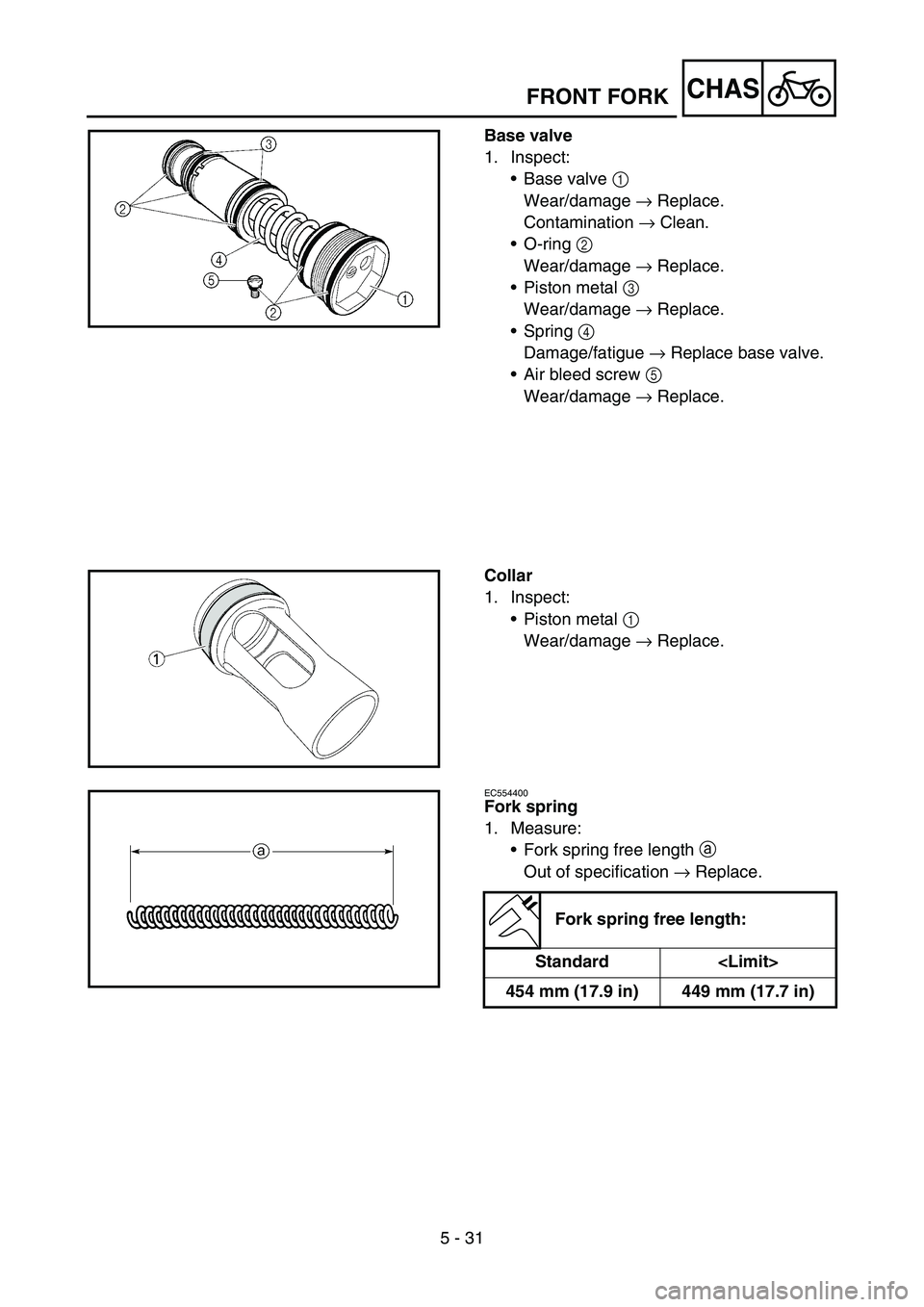 YAMAHA YZ450F 2006 Notices Demploi (in French) 5 - 31
CHAS
Base valve
1. Inspect:
Base valve 1
Wear/damage → Replace.
Contamination → Clean.
O-ring 2
Wear/damage → Replace.
Piston metal 3
Wear/damage → Replace.
Spring 4
Damage/fati YAMAHA YZ450F 2006 Notices Demploi (in French) 5 - 31
CHAS
Base valve
1. Inspect:
Base valve 1
Wear/damage → Replace.
Contamination → Clean.
O-ring 2
Wear/damage → Replace.
Piston metal 3
Wear/damage → Replace.
Spring 4
Damage/fati