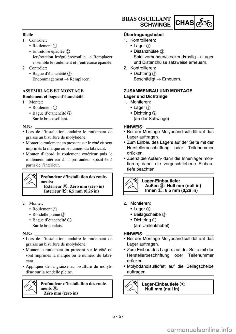YAMAHA YZ450F 2006 Notices Demploi (in French) 5 - 57
CHAS
Bielle
1. Contrôler:
Roulement 1
Entretoise épaulée 2
Jeu/rotation irrégulière/rouille → Remplacer
ensemble le roulement et l’entretoise épaulée.
2. Contrôler:
Bague d’à YAMAHA YZ450F 2006 Notices Demploi (in French) 5 - 57
CHAS
Bielle
1. Contrôler:
Roulement 1
Entretoise épaulée 2
Jeu/rotation irrégulière/rouille → Remplacer
ensemble le roulement et l’entretoise épaulée.
2. Contrôler:
Bague d’Ã