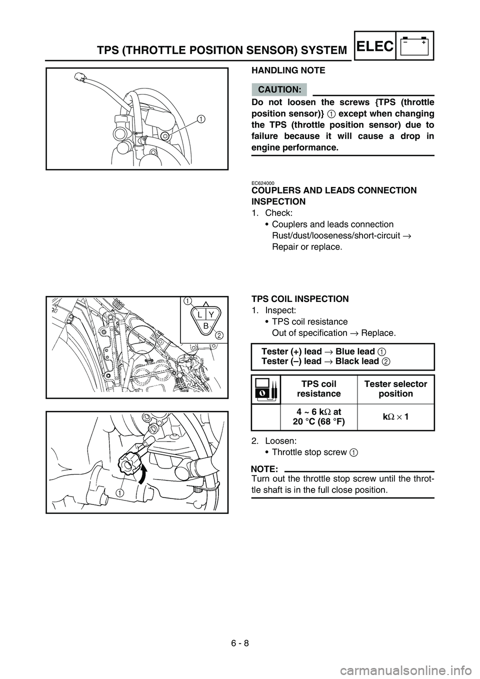 YAMAHA YZ450F 2006 Owners Manual 6 - 8
–+ELECTPS (THROTTLE POSITION SENSOR) SYSTEM
HANDLING NOTE
CAUTION:
Do not loosen the screws {TPS (throttle
position sensor)}
1 except when changing
the TPS (throttle position sensor) due to
f YAMAHA YZ450F 2006 Owners Manual 6 - 8
–+ELECTPS (THROTTLE POSITION SENSOR) SYSTEM
HANDLING NOTE
CAUTION:
Do not loosen the screws {TPS (throttle
position sensor)}
1 except when changing
the TPS (throttle position sensor) due to
f