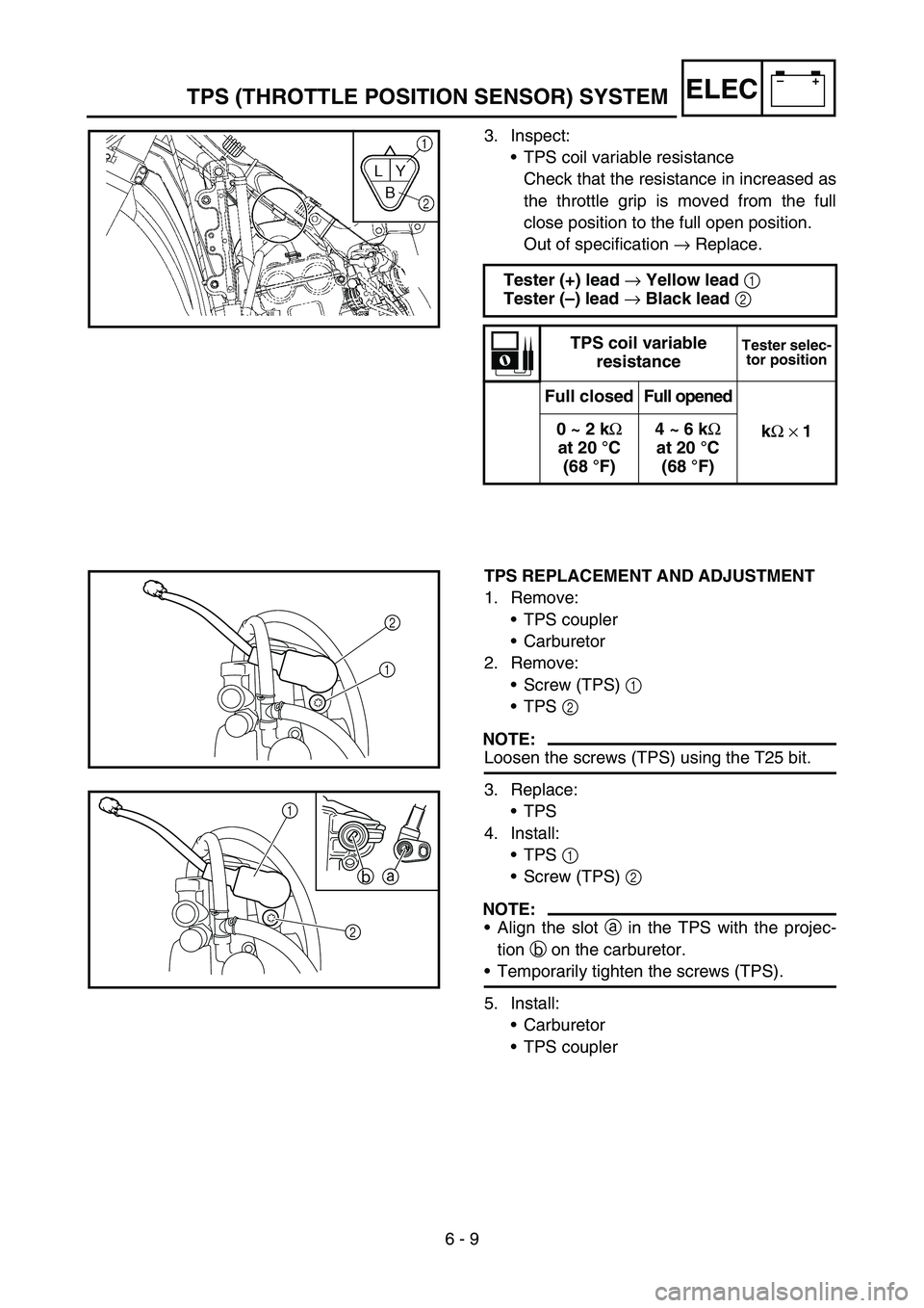 YAMAHA YZ450F 2006 Notices Demploi (in French) 6 - 9
–+ELECTPS (THROTTLE POSITION SENSOR) SYSTEM
3. Inspect:
•TPS coil variable resistance
Check that the resistance in increased as
the throttle grip is moved from the full
close position to the YAMAHA YZ450F 2006 Notices Demploi (in French) 6 - 9
–+ELECTPS (THROTTLE POSITION SENSOR) SYSTEM
3. Inspect:
•TPS coil variable resistance
Check that the resistance in increased as
the throttle grip is moved from the full
close position to the