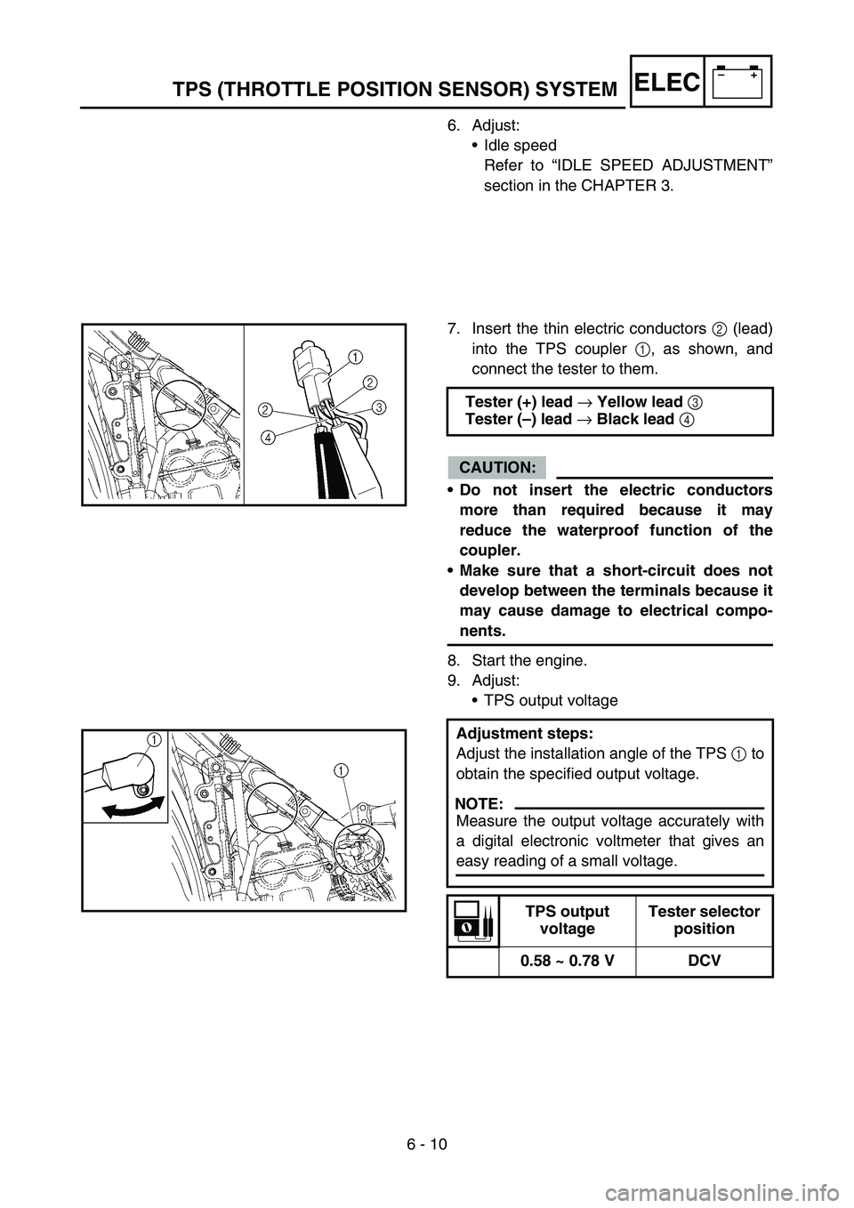 YAMAHA YZ450F 2006 Notices Demploi (in French) 6 - 10
–+ELECTPS (THROTTLE POSITION SENSOR) SYSTEM
6. Adjust:
•Idle speed
Refer to “IDLE SPEED ADJUSTMENT”
section in the CHAPTER 3.
7. Insert the thin electric conductors 2 (lead)
into the TP YAMAHA YZ450F 2006 Notices Demploi (in French) 6 - 10
–+ELECTPS (THROTTLE POSITION SENSOR) SYSTEM
6. Adjust:
•Idle speed
Refer to “IDLE SPEED ADJUSTMENT”
section in the CHAPTER 3.
7. Insert the thin electric conductors 2 (lead)
into the TP