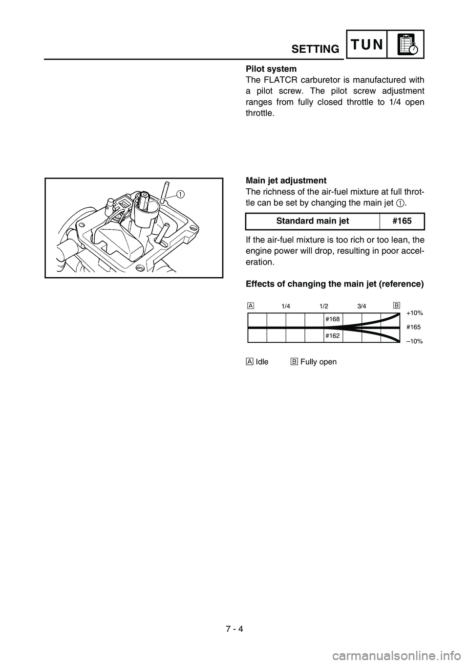 YAMAHA YZ450F 2006 Notices Demploi (in French) 7 - 4
TUNSETTING
Pilot system
The FLATCR carburetor is manufactured with
a pilot screw. The pilot screw adjustment
ranges from fully closed throttle to 1/4 open
throttle.
Main jet adjustment
The richn YAMAHA YZ450F 2006 Notices Demploi (in French) 7 - 4
TUNSETTING
Pilot system
The FLATCR carburetor is manufactured with
a pilot screw. The pilot screw adjustment
ranges from fully closed throttle to 1/4 open
throttle.
Main jet adjustment
The richn