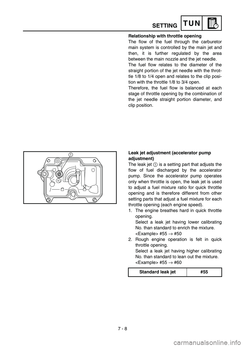 YAMAHA YZ450F 2006 Notices Demploi (in French) 7 - 8
TUN
Relationship with throttle opening
The flow of the fuel through the carburetor
main system is controlled by the main jet and
then, it is further regulated by the area
between the main nozzle YAMAHA YZ450F 2006 Notices Demploi (in French) 7 - 8
TUN
Relationship with throttle opening
The flow of the fuel through the carburetor
main system is controlled by the main jet and
then, it is further regulated by the area
between the main nozzle