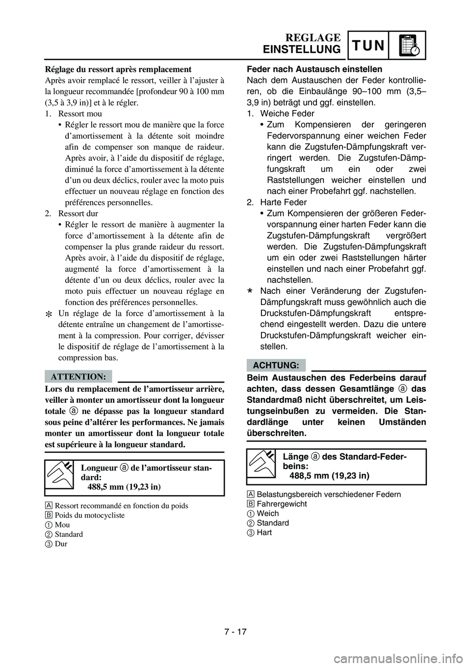 YAMAHA YZ450F 2006 Owners Manual TUN
Feder nach Austausch einstellen
Nach dem Austauschen der Feder kontrollie-
ren, ob die Einbaulänge 90–100 mm (3,5–
3,9 in) beträgt und ggf. einstellen.
1. Weiche Feder
Zum Kompensieren der YAMAHA YZ450F 2006 Owners Manual TUN
Feder nach Austausch einstellen
Nach dem Austauschen der Feder kontrollie-
ren, ob die Einbaulänge 90–100 mm (3,5–
3,9 in) beträgt und ggf. einstellen.
1. Weiche Feder
Zum Kompensieren der
