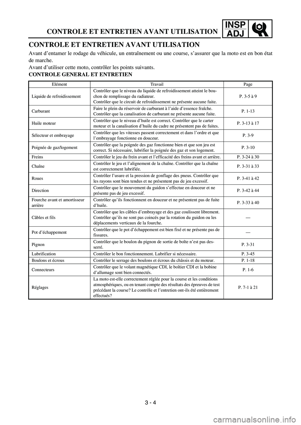 YAMAHA YZ450F 2005  Betriebsanleitungen (in German) INSP
ADJ
CONTROLE ET ENTRETIEN AVANT UTILISATION
CONTROLE ET ENTRETIEN AVANT UTILISATION
Avant d’entamer le rodage du véhicule, un entraînement ou une course, s’assurer que la moto est en bon é