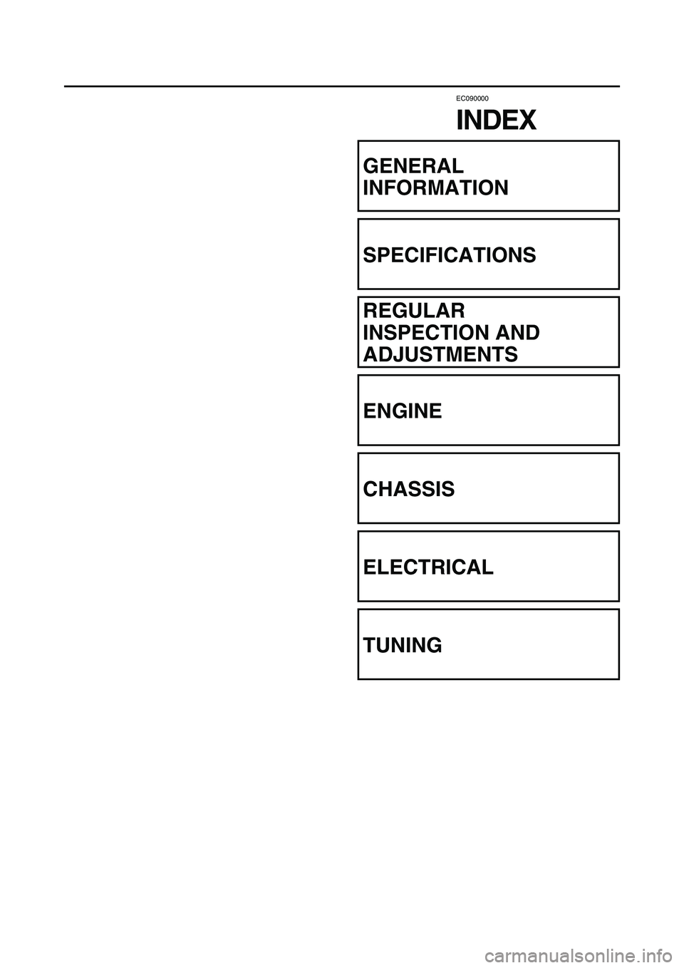 YAMAHA YZ450F 2005  Betriebsanleitungen (in German) EC090000
INDEX
GENERAL 
INFORMATION
SPECIFICATIONS
REGULAR 
INSPECTION AND 
ADJUSTMENTS
ENGINE
CHASSIS
ELECTRICAL
TUNING 