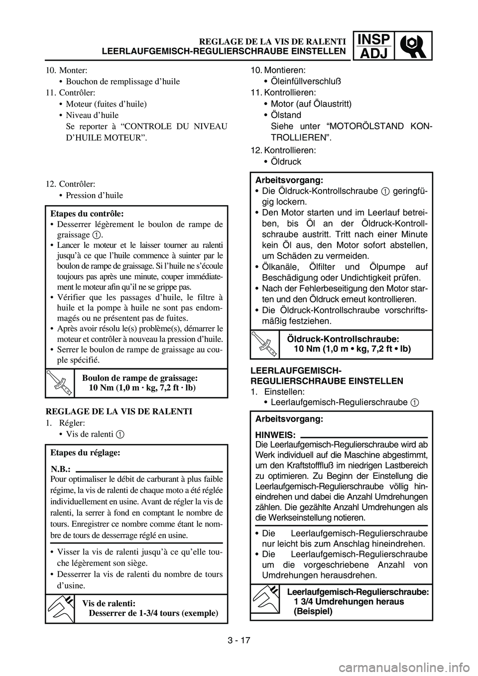 YAMAHA YZ450F 2005 Notices Demploi (in French) INSP
ADJREGLAGE DE LA VIS DE RALENTI
LEERLAUFGEMISCH-REGULIERSCHRAUBE EINSTELLEN
10. Montieren:
Öleinfüllverschluß
11. Kontrollieren:
Motor (auf Ölaustritt)
Ölstand
Siehe unter “MOTORÖLSTAN YAMAHA YZ450F 2005 Notices Demploi (in French) INSP
ADJREGLAGE DE LA VIS DE RALENTI
LEERLAUFGEMISCH-REGULIERSCHRAUBE EINSTELLEN
10. Montieren:
Öleinfüllverschluß
11. Kontrollieren:
Motor (auf Ölaustritt)
Ölstand
Siehe unter “MOTORÖLSTAN