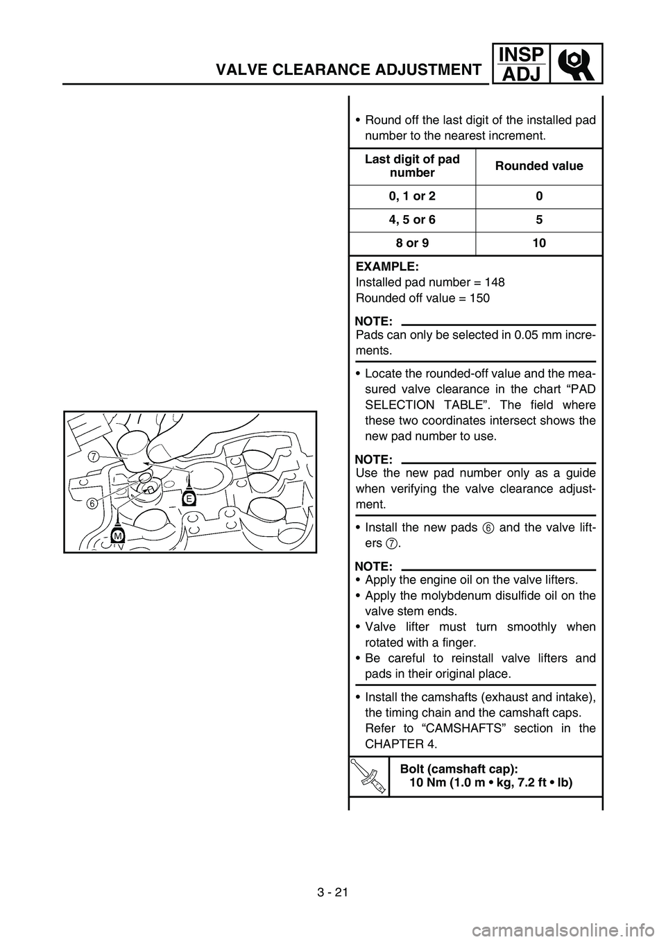 YAMAHA YZ450F 2005 Workshop Manual 3 - 21
INSP
ADJ
VALVE CLEARANCE ADJUSTMENT
Round off the last digit of the installed pad
number to the nearest increment.
Last digit of pad
numberRounded value
0, 1 or 2 0
4, 5 or 6 5
8 or 9 10
EXAM YAMAHA YZ450F 2005 Workshop Manual 3 - 21
INSP
ADJ
VALVE CLEARANCE ADJUSTMENT
Round off the last digit of the installed pad
number to the nearest increment.
Last digit of pad
numberRounded value
0, 1 or 2 0
4, 5 or 6 5
8 or 9 10
EXAM