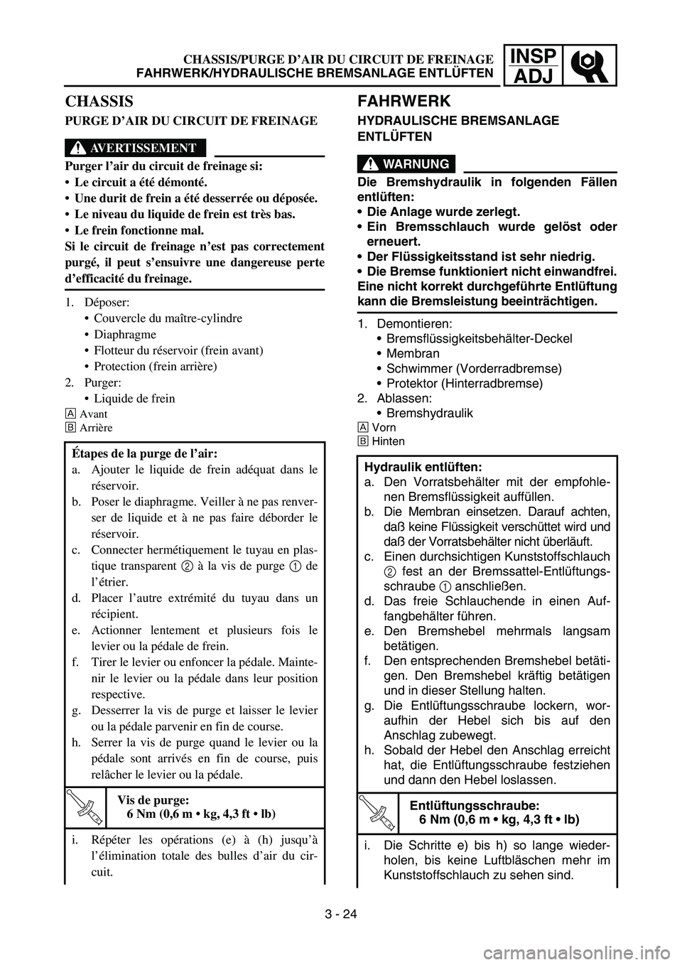 YAMAHA YZ450F 2005 Notices Demploi (in French) INSP
ADJCHASSIS/PURGE D’AIR DU CIRCUIT DE FREINAGE
FAHRWERK/HYDRAULISCHE BREMSANLAGE ENTLÜFTEN
FAHRWERK
HYDRAULISCHE BREMSANLAGE
ENTLÜFTEN
WARNUNG
Die Bremshydraulik in folgenden Fällen
entlüft YAMAHA YZ450F 2005 Notices Demploi (in French) INSP
ADJCHASSIS/PURGE D’AIR DU CIRCUIT DE FREINAGE
FAHRWERK/HYDRAULISCHE BREMSANLAGE ENTLÜFTEN
FAHRWERK
HYDRAULISCHE BREMSANLAGE
ENTLÜFTEN
WARNUNG
Die Bremshydraulik in folgenden Fällen
entlüft