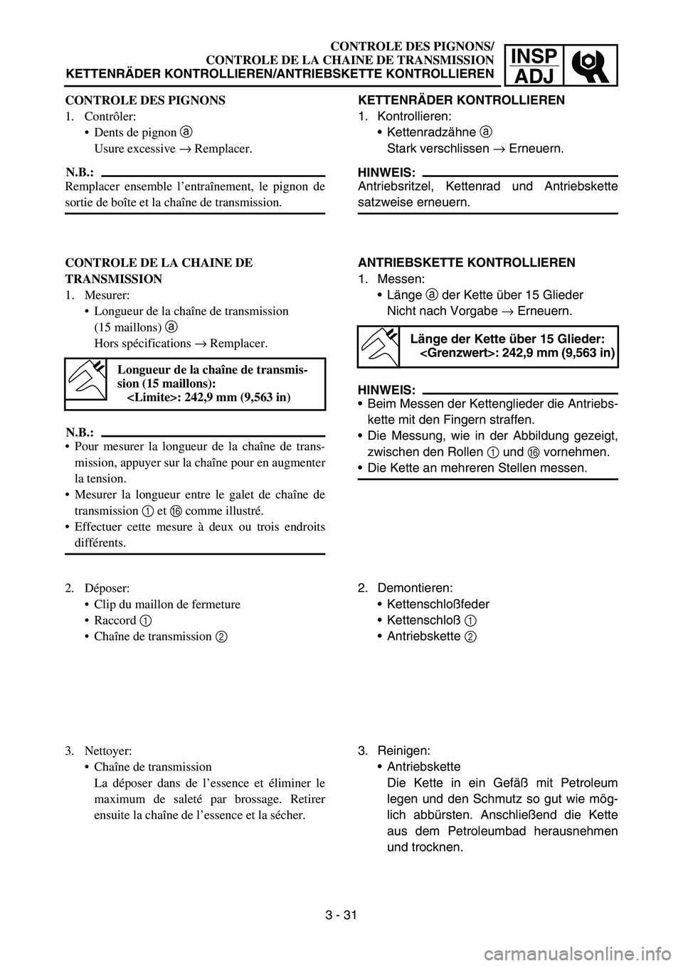 YAMAHA YZ450F 2005  Notices Demploi (in French) INSP
ADJ
CONTROLE DES PIGNONS/
CONTROLE DE LA CHAINE DE TRANSMISSION
KETTENRÄDER KONTROLLIEREN/ANTRIEBSKETTE KONTROLLIEREN
KETTENRÄDER KONTROLLIEREN
1. Kontrollieren:
Kettenradzähne a 
Stark versc