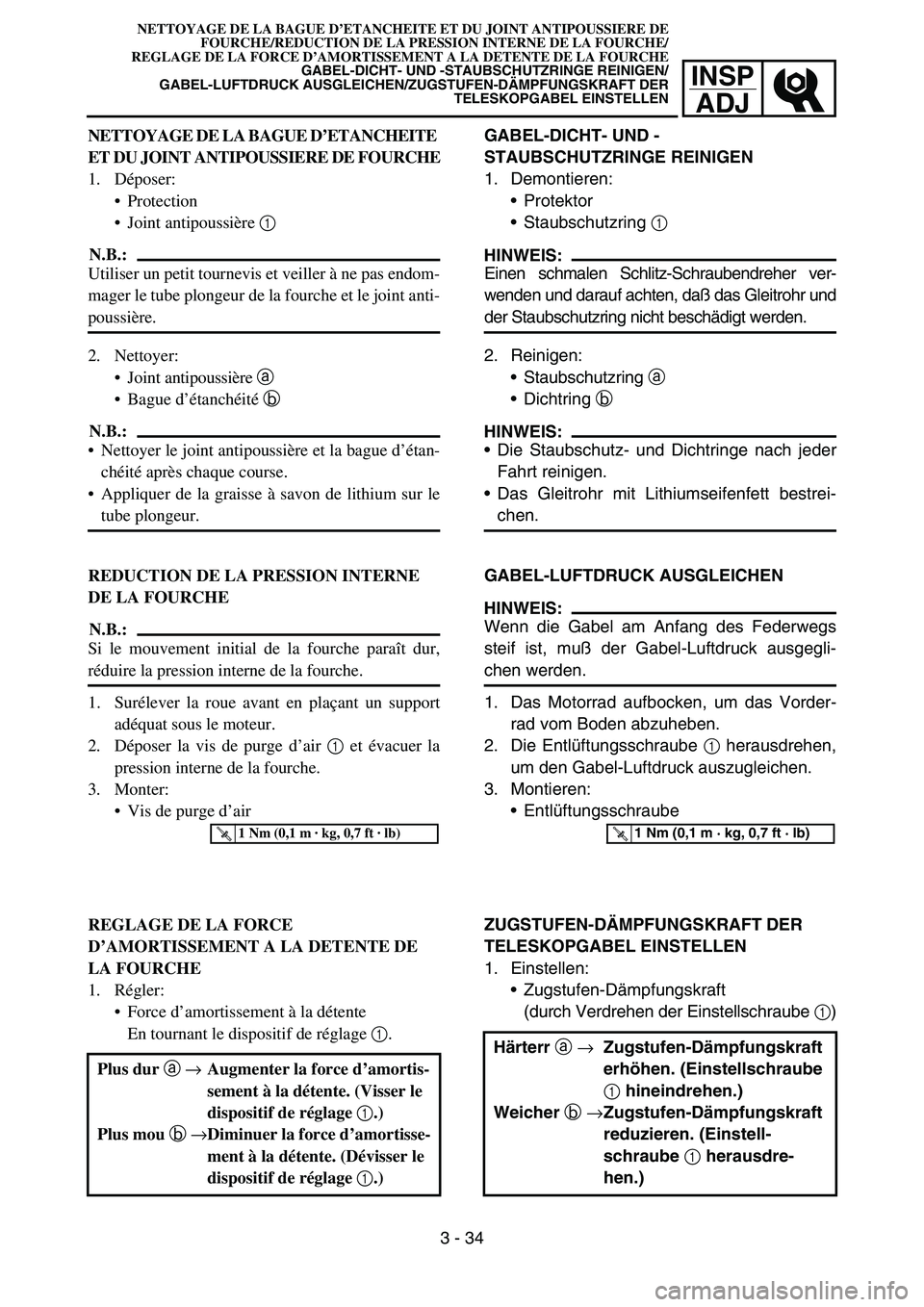 YAMAHA YZ450F 2005 Notices Demploi (in French) INSP
ADJ
NETTOYAGE DE LA BAGUE D’ETANCHEITE ET DU JOINT ANTIPOUSSIERE DE
FOURCHE/REDUCTION DE LA PRESSION INTERNE DE LA FOURCHE/
REGLAGE DE LA FORCE D’AMORTISSEMENT A LA DETENTE DE LA FOURCHE
GABE YAMAHA YZ450F 2005 Notices Demploi (in French) INSP
ADJ
NETTOYAGE DE LA BAGUE D’ETANCHEITE ET DU JOINT ANTIPOUSSIERE DE
FOURCHE/REDUCTION DE LA PRESSION INTERNE DE LA FOURCHE/
REGLAGE DE LA FORCE D’AMORTISSEMENT A LA DETENTE DE LA FOURCHE
GABE