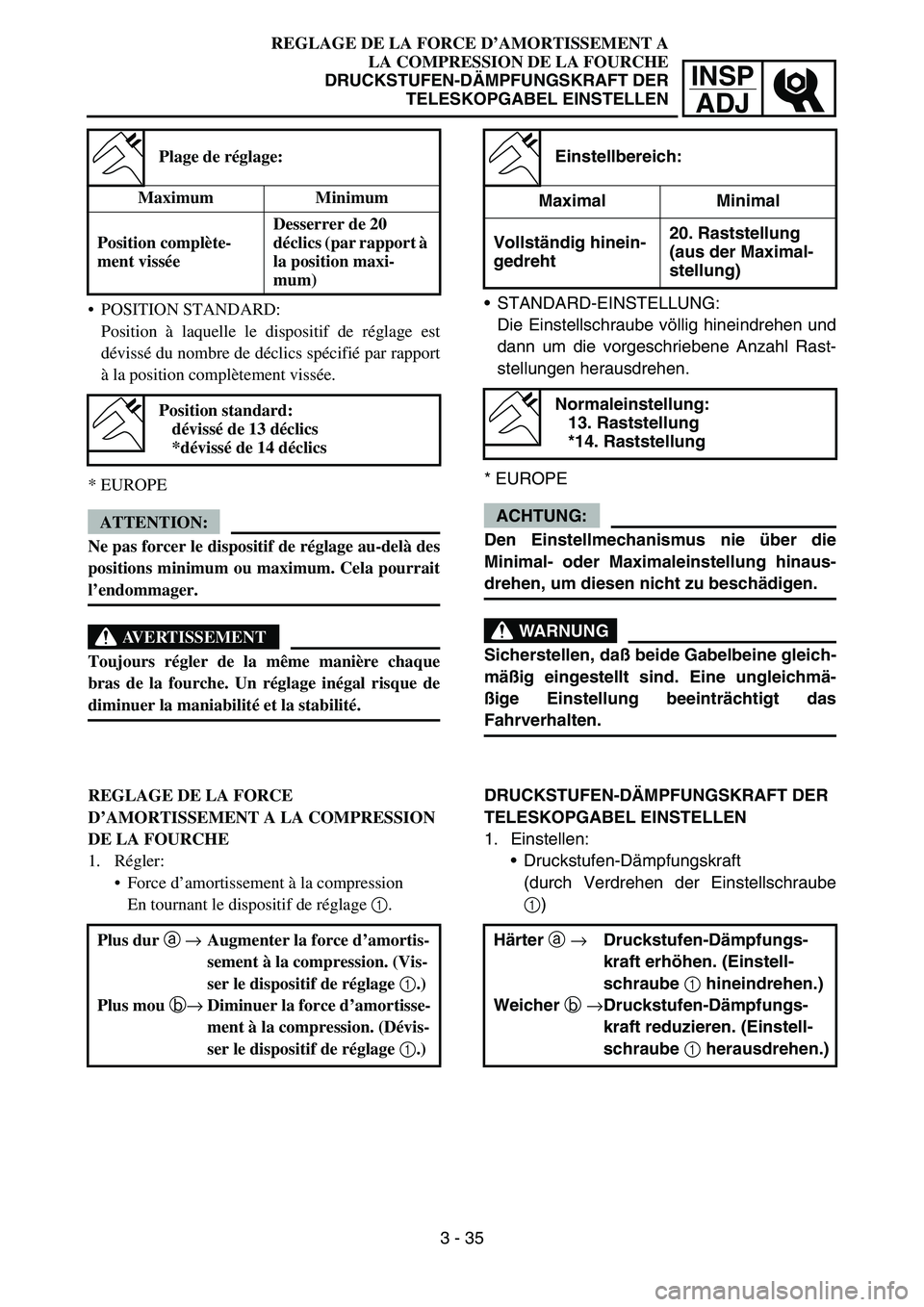 YAMAHA YZ450F 2005 Notices Demploi (in French) INSP
ADJ
REGLAGE DE LA FORCE D’AMORTISSEMENT A
LA COMPRESSION DE LA FOURCHE
DRUCKSTUFEN-DÄMPFUNGSKRAFT DER
TELESKOPGABEL EINSTELLEN
STANDARD-EINSTELLUNG:
Die Einstellschraube völlig hineindrehen YAMAHA YZ450F 2005 Notices Demploi (in French) INSP
ADJ
REGLAGE DE LA FORCE D’AMORTISSEMENT A
LA COMPRESSION DE LA FOURCHE
DRUCKSTUFEN-DÄMPFUNGSKRAFT DER
TELESKOPGABEL EINSTELLEN
STANDARD-EINSTELLUNG:
Die Einstellschraube völlig hineindrehen