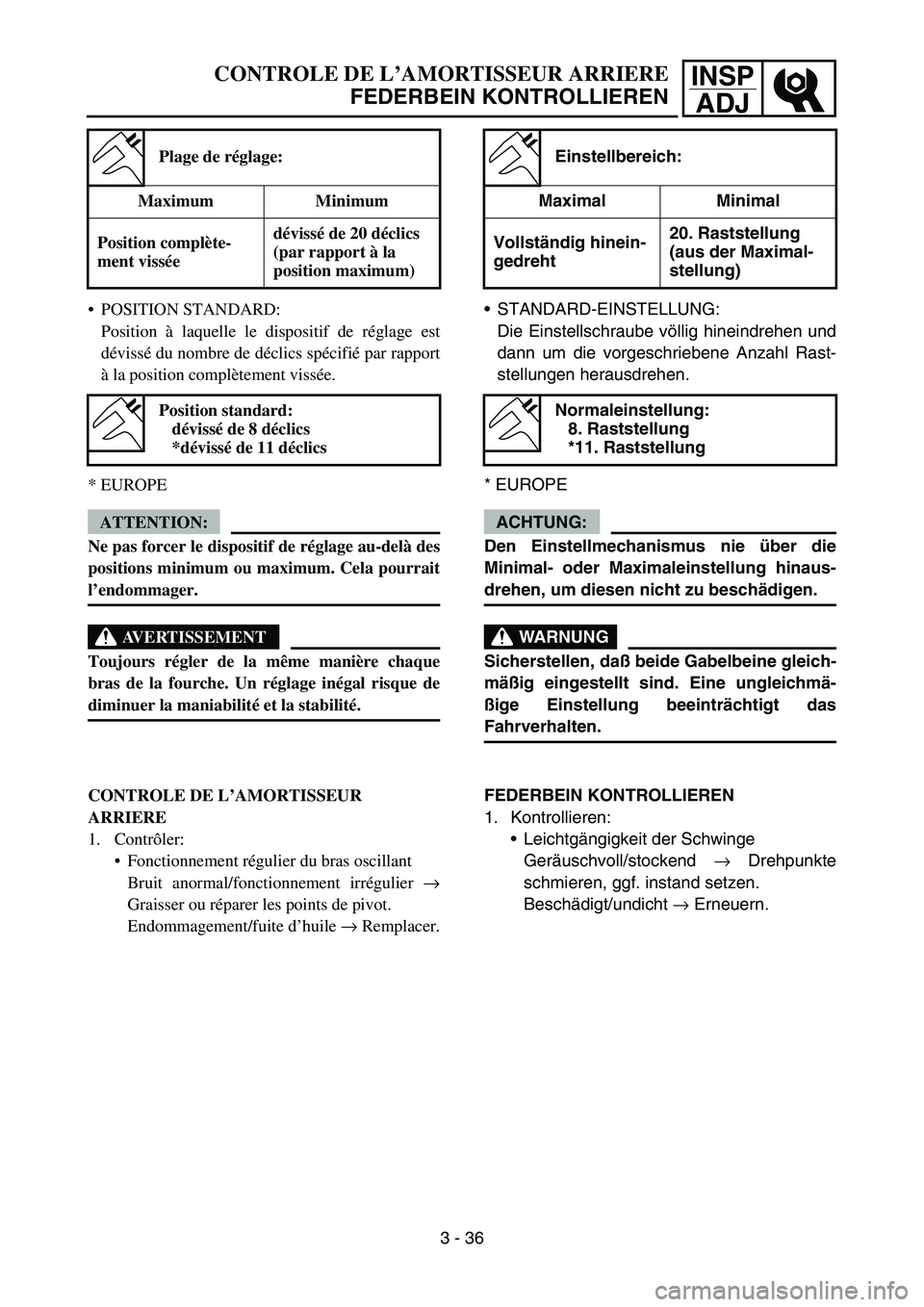 YAMAHA YZ450F 2005 Notices Demploi (in French) INSP
ADJCONTROLE DE L’AMORTISSEUR ARRIERE
FEDERBEIN KONTROLLIEREN
STANDARD-EINSTELLUNG:
Die Einstellschraube völlig hineindrehen und
dann um die vorgeschriebene Anzahl Rast-
stellungen herausdrehe YAMAHA YZ450F 2005 Notices Demploi (in French) INSP
ADJCONTROLE DE L’AMORTISSEUR ARRIERE
FEDERBEIN KONTROLLIEREN
STANDARD-EINSTELLUNG:
Die Einstellschraube völlig hineindrehen und
dann um die vorgeschriebene Anzahl Rast-
stellungen herausdrehe