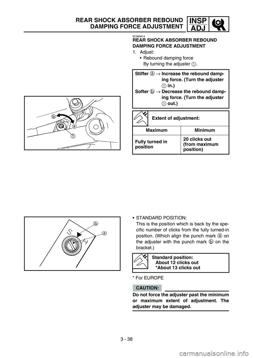 YAMAHA YZ450F 2005  Notices Demploi (in French) 3 - 38
INSP
ADJREAR SHOCK ABSORBER REBOUND
DAMPING FORCE ADJUSTMENT
EC36N014
REAR SHOCK ABSORBER REBOUND 
DAMPING FORCE ADJUSTMENT
1. Adjust:
Rebound damping force
By turning the adjuster 1.
Stiffer 