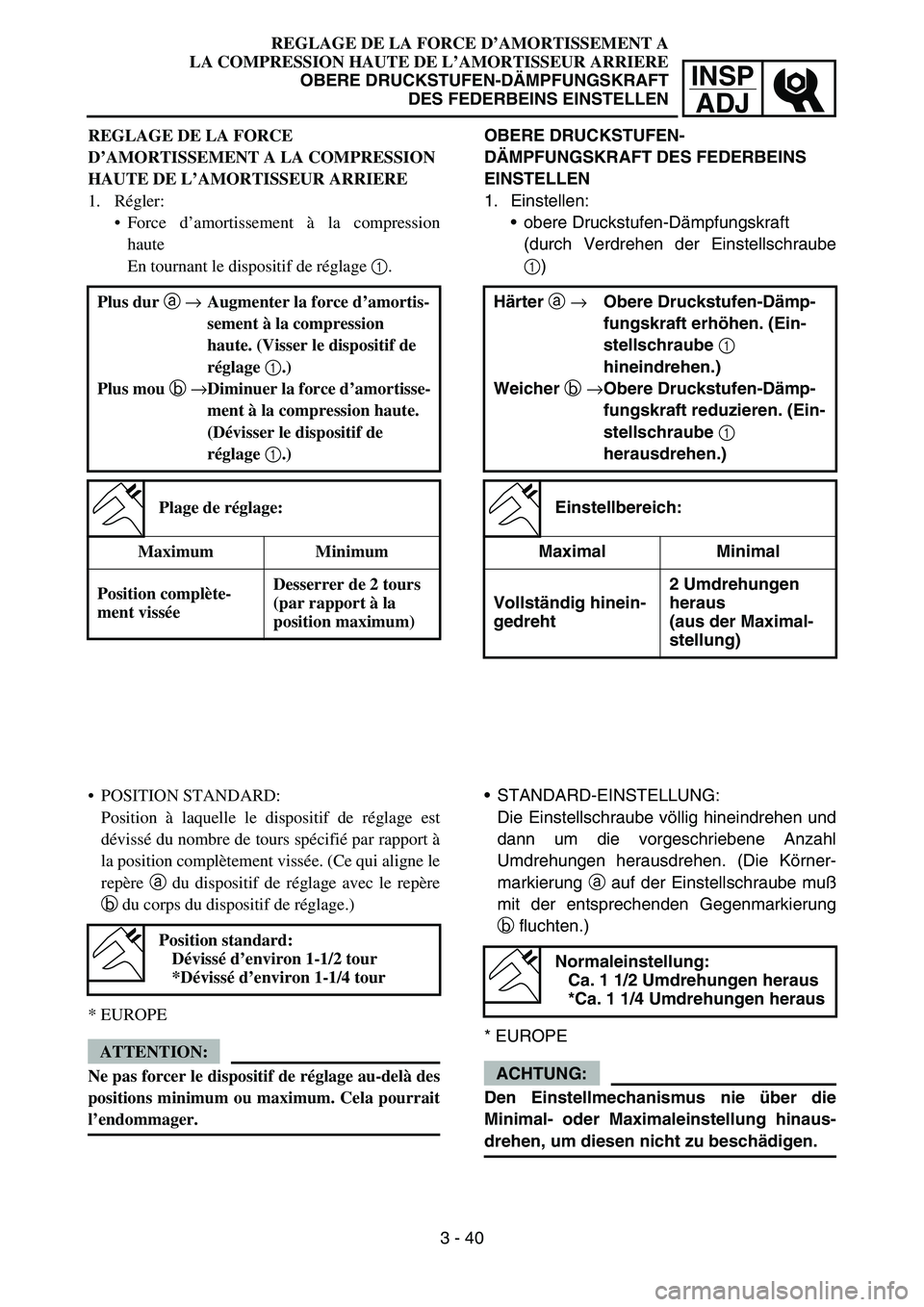 YAMAHA YZ450F 2005  Notices Demploi (in French) INSP
ADJ
REGLAGE DE LA FORCE D’AMORTISSEMENT A
LA COMPRESSION HAUTE DE L’AMORTISSEUR ARRIERE
OBERE DRUCKSTUFEN-DÄMPFUNGSKRAFT
DES FEDERBEINS EINSTELLEN
OBERE DRUCKSTUFEN-
DÄMPFUNGSKRAFT DES FEDE