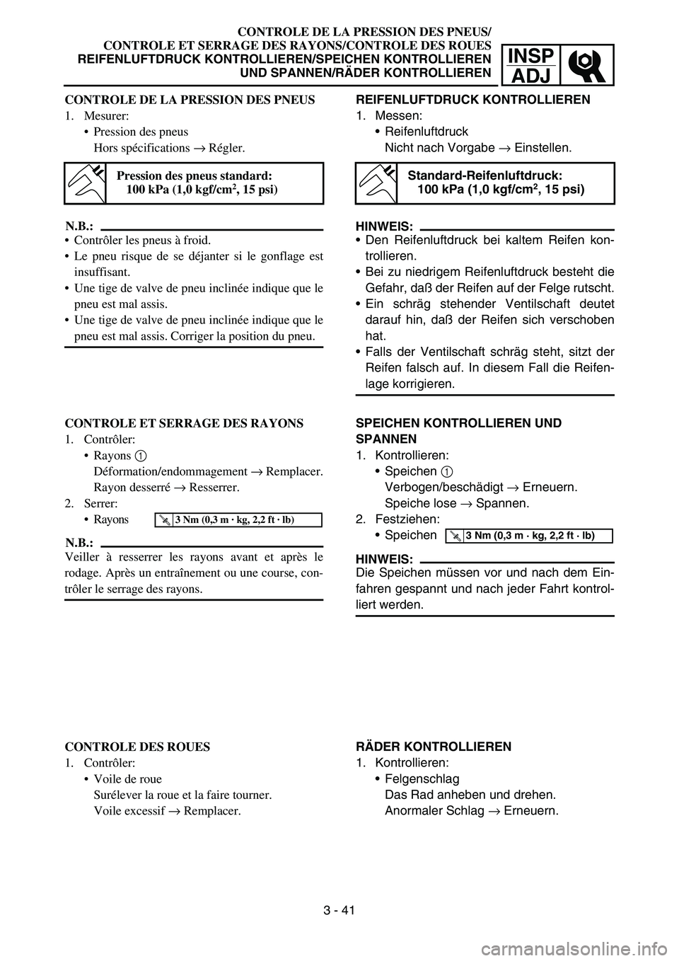 YAMAHA YZ450F 2005 User Guide INSP
ADJ
CONTROLE DE LA PRESSION DES PNEUS/
CONTROLE ET SERRAGE DES RAYONS/CONTROLE DES ROUES
REIFENLUFTDRUCK KONTROLLIEREN/SPEICHEN KONTROLLIEREN
UND SPANNEN/RÄDER KONTROLLIEREN
REIFENLUFTDRUCK KONT YAMAHA YZ450F 2005 User Guide INSP
ADJ
CONTROLE DE LA PRESSION DES PNEUS/
CONTROLE ET SERRAGE DES RAYONS/CONTROLE DES ROUES
REIFENLUFTDRUCK KONTROLLIEREN/SPEICHEN KONTROLLIEREN
UND SPANNEN/RÄDER KONTROLLIEREN
REIFENLUFTDRUCK KONT