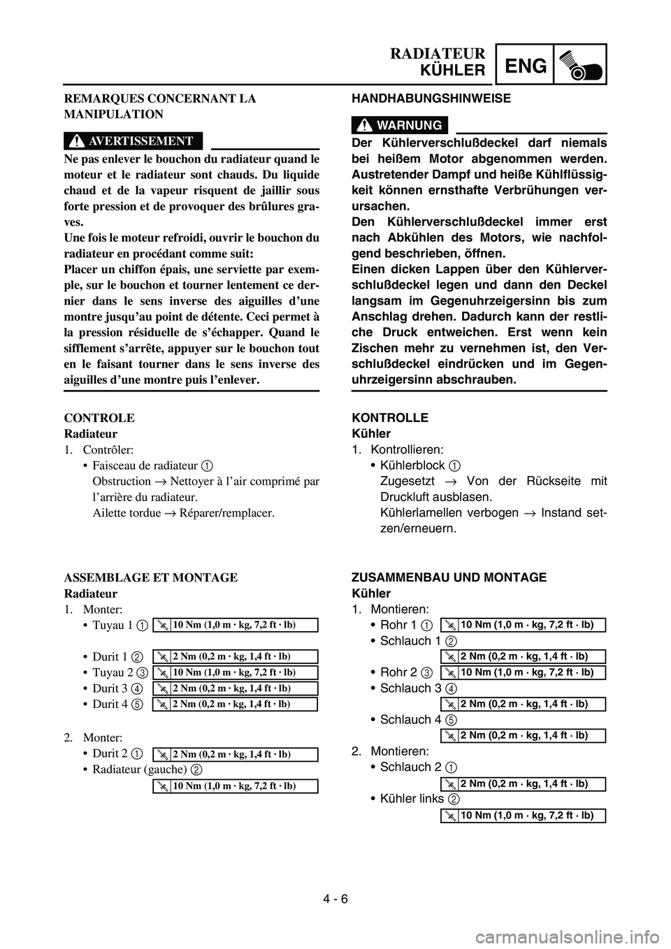 YAMAHA YZ450F 2005  Notices Demploi (in French) 4 - 6
ENG
HANDHABUNGSHINWEISE
WARNUNG
Der Kühlerverschlußdeckel darf niemals
bei heißem Motor abgenommen werden.
Austretender Dampf und heiße Kühlflüssig-
keit können ernsthafte Verbrühungen v