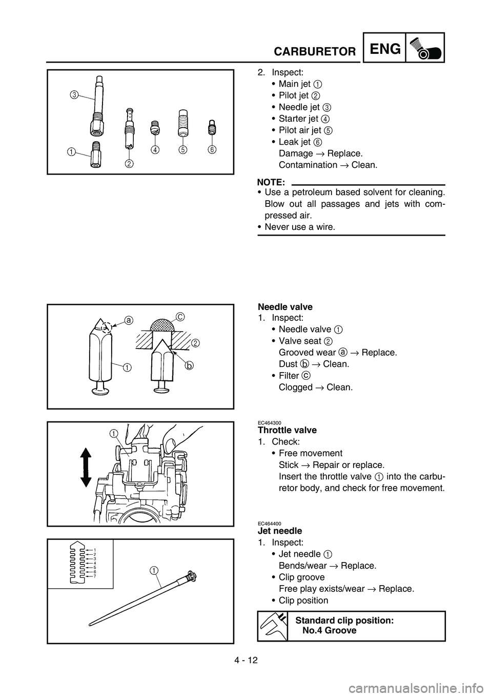 YAMAHA YZ450F 2005  Notices Demploi (in French) 4 - 12
ENGCARBURETOR
2. Inspect:
Main jet 1 
Pilot jet 2 
Needle jet 3 
Starter jet 4 
Pilot air jet 5 
Leak jet 6 
Damage → Replace.
Contamination → Clean.
NOTE:
Use a petroleum based solv