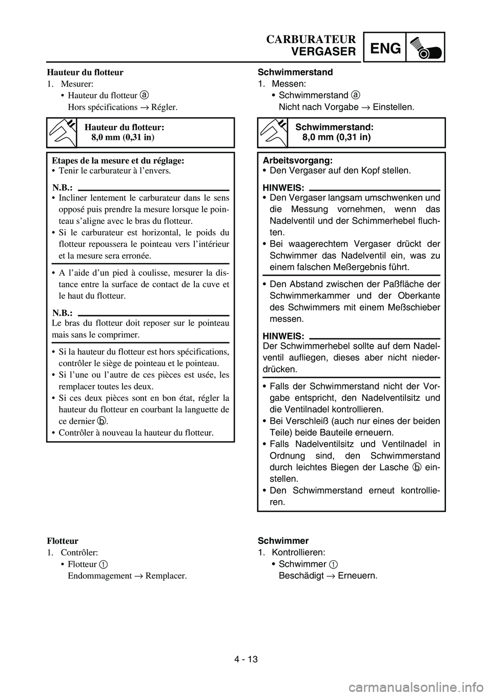 YAMAHA YZ450F 2005  Notices Demploi (in French) 4 - 13
ENG
Schwimmerstand
1. Messen:
Schwimmerstand a 
Nicht nach Vorgabe → Einstellen.
Schwimmerstand:
8,0 mm (0,31 in)
Arbeitsvorgang:
Den Vergaser auf den Kopf stellen.
HINWEIS:
Den Vergaser l