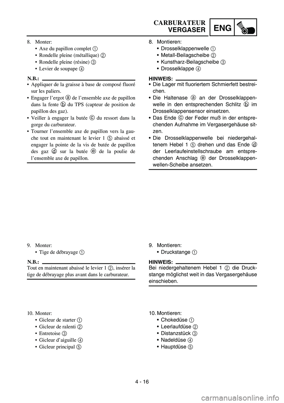YAMAHA YZ450F 2005 Notices Demploi (in French) 4 - 16
ENG
8. Montieren:
Drosselklappenwelle 1
Metall-Beilagscheibe 2
Kunstharz-Beilagscheibe 3
Drosselklappe 4
HINWEIS:
Die Lager mit fluoriertem Schmierfett bestrei-
chen.
Die Haltenase a YAMAHA YZ450F 2005 Notices Demploi (in French) 4 - 16
ENG
8. Montieren:
Drosselklappenwelle 1
Metall-Beilagscheibe 2
Kunstharz-Beilagscheibe 3
Drosselklappe 4
HINWEIS:
Die Lager mit fluoriertem Schmierfett bestrei-
chen.
Die Haltenase a