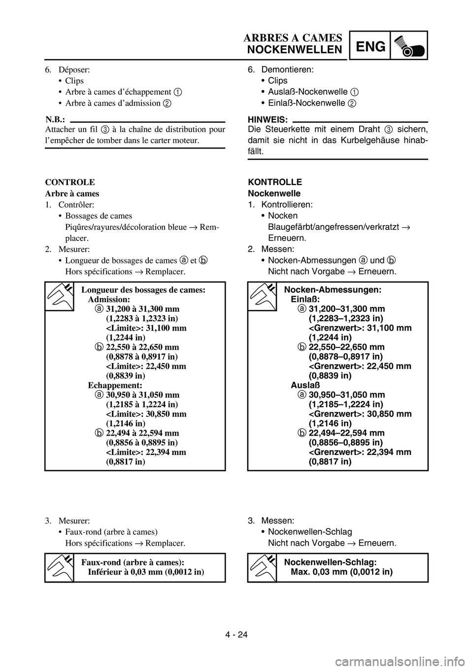 YAMAHA YZ450F 2005 Notices Demploi (in French) 4 - 24
ENG
6. Demontieren:
Clips
Auslaß-Nockenwelle 1
Einlaß-Nockenwelle 2
HINWEIS:
Die Steuerkette mit einem Draht 3 sichern,
damit sie nicht in das Kurbelgehäuse hinab-
fällt.
KONTROLLE
No YAMAHA YZ450F 2005 Notices Demploi (in French) 4 - 24
ENG
6. Demontieren:
Clips
Auslaß-Nockenwelle 1
Einlaß-Nockenwelle 2
HINWEIS:
Die Steuerkette mit einem Draht 3 sichern,
damit sie nicht in das Kurbelgehäuse hinab-
fällt.
KONTROLLE
No
