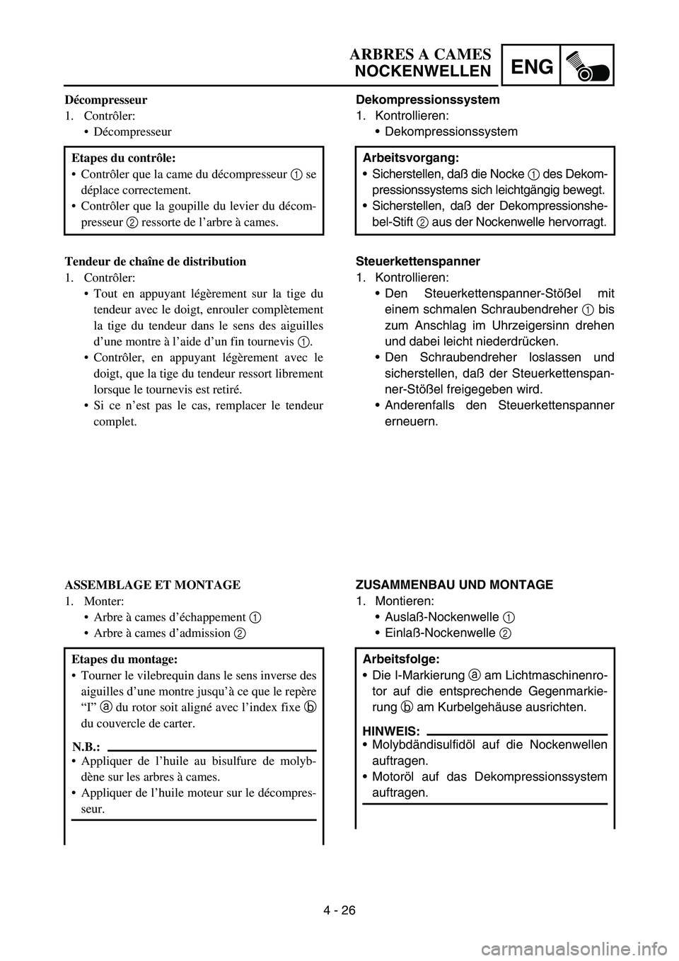 YAMAHA YZ450F 2005 Notices Demploi (in French) 4 - 26
ENG
Dekompressionssystem
1. Kontrollieren:
Dekompressionssystem
Arbeitsvorgang:
Sicherstellen, daß die Nocke 1 des Dekom-
pressionssystems sich leichtgängig bewegt.
Sicherstellen, daß der YAMAHA YZ450F 2005 Notices Demploi (in French) 4 - 26
ENG
Dekompressionssystem
1. Kontrollieren:
Dekompressionssystem
Arbeitsvorgang:
Sicherstellen, daß die Nocke 1 des Dekom-
pressionssystems sich leichtgängig bewegt.
Sicherstellen, daß der