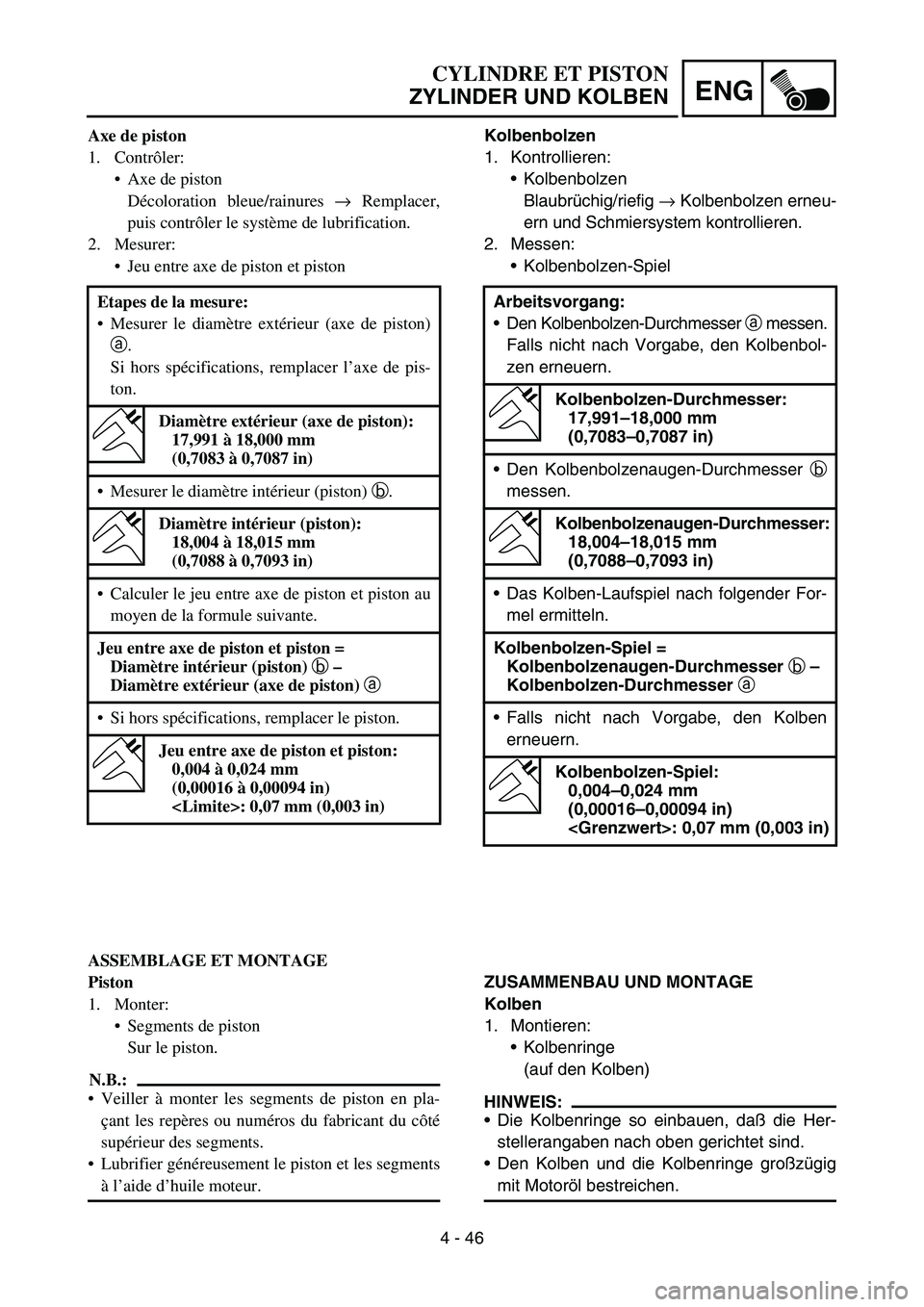 YAMAHA YZ450F 2005 Notices Demploi (in French) 4 - 46
ENG
Kolbenbolzen
1. Kontrollieren:
Kolbenbolzen
Blaubrüchig/riefig → Kolbenbolzen erneu-
ern und Schmiersystem kontrollieren.
2. Messen:
Kolbenbolzen-Spiel
ZUSAMMENBAU UND MONTAGE
Kolben
1 YAMAHA YZ450F 2005 Notices Demploi (in French) 4 - 46
ENG
Kolbenbolzen
1. Kontrollieren:
Kolbenbolzen
Blaubrüchig/riefig → Kolbenbolzen erneu-
ern und Schmiersystem kontrollieren.
2. Messen:
Kolbenbolzen-Spiel
ZUSAMMENBAU UND MONTAGE
Kolben
1