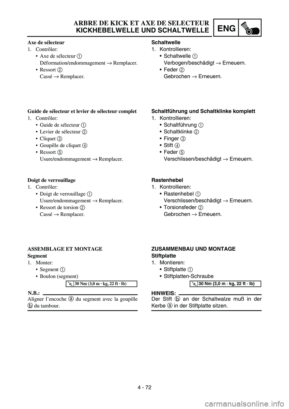 YAMAHA YZ450F 2005 Notices Demploi (in French) 4 - 72
ENG
Schaltwelle
1. Kontrollieren:
Schaltwelle 1
Verbogen/beschädigt → Erneuern.
Feder 2
Gebrochen → Erneuern.
Schaltführung und Schaltklinke komplett
1. Kontrollieren:
Schaltführung YAMAHA YZ450F 2005 Notices Demploi (in French) 4 - 72
ENG
Schaltwelle
1. Kontrollieren:
Schaltwelle 1
Verbogen/beschädigt → Erneuern.
Feder 2
Gebrochen → Erneuern.
Schaltführung und Schaltklinke komplett
1. Kontrollieren:
Schaltführung