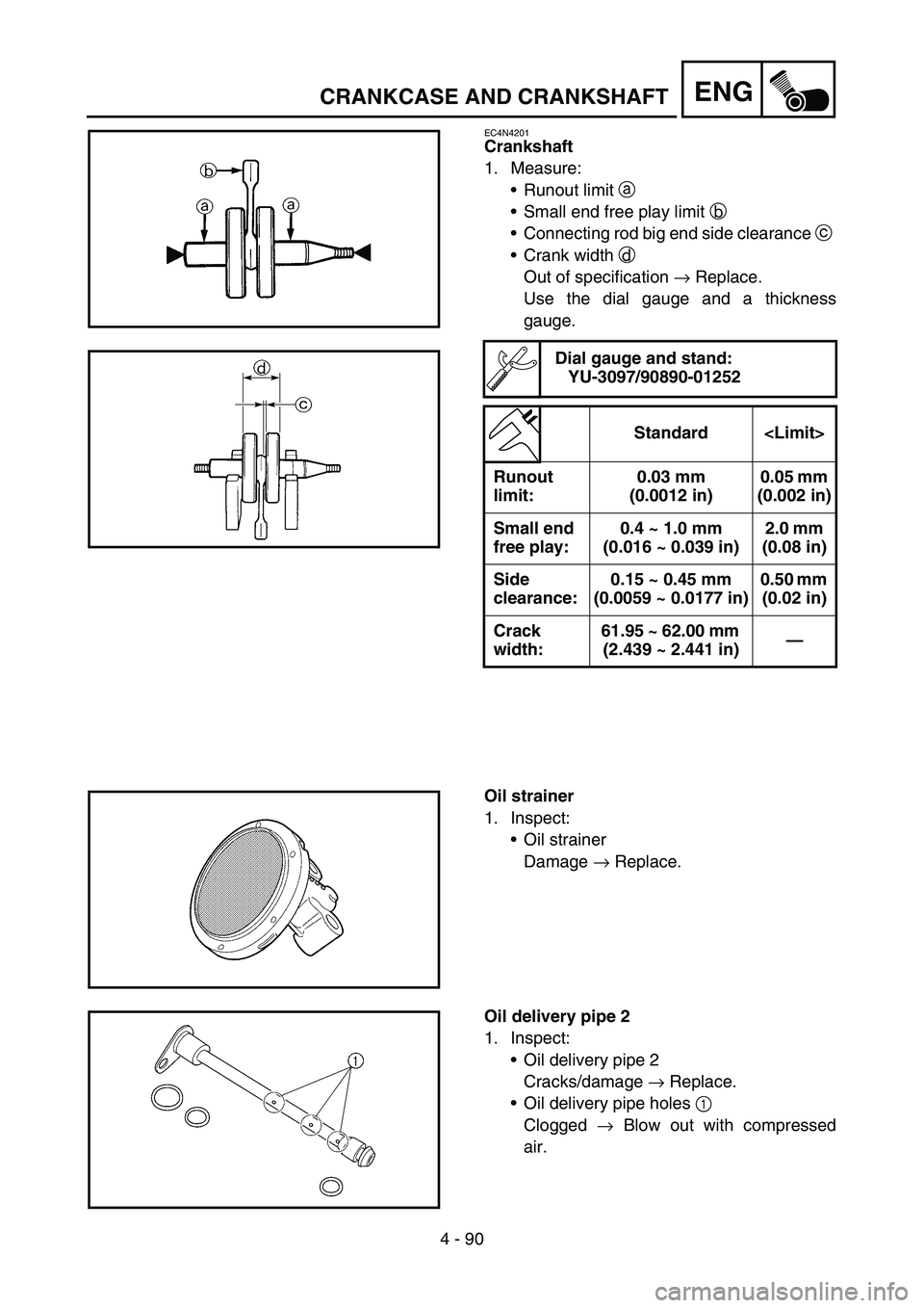 YAMAHA YZ450F 2005 Notices Demploi (in French) 4 - 90
ENGCRANKCASE AND CRANKSHAFT
EC4N4201
Crankshaft
1. Measure:
Runout limit a
Small end free play limit b
Connecting rod big end side clearance c
Crank width d
Out of specification → Rep YAMAHA YZ450F 2005 Notices Demploi (in French) 4 - 90
ENGCRANKCASE AND CRANKSHAFT
EC4N4201
Crankshaft
1. Measure:
Runout limit a
Small end free play limit b
Connecting rod big end side clearance c
Crank width d
Out of specification → Rep
