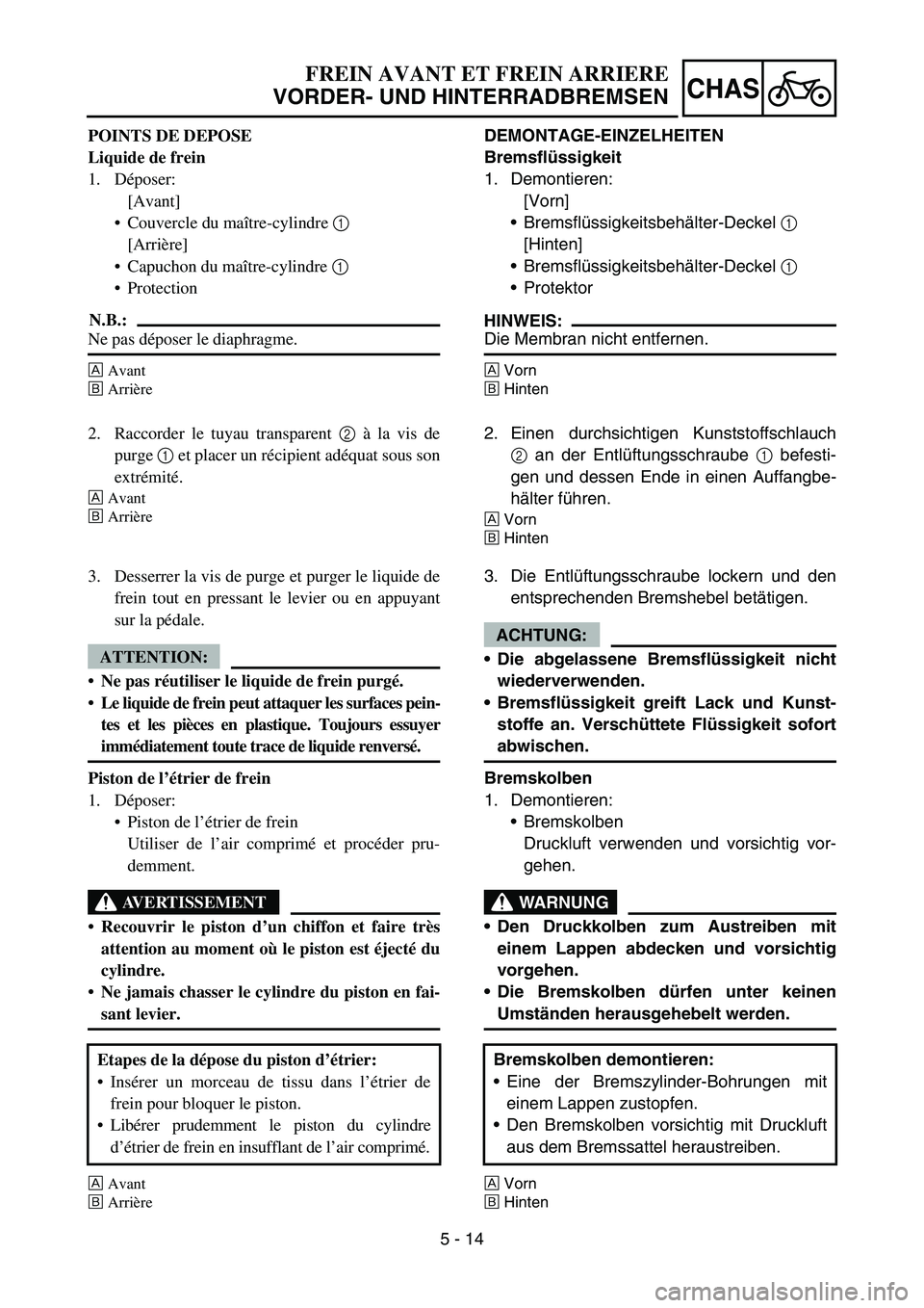 YAMAHA YZ450F 2005  Notices Demploi (in French) 5 - 14
CHAS
POINTS DE DEPOSE
Liquide de frein
1. Déposer:
[Avant]
Couvercle du maître-cylindre 1 
[Arrière]
Capuchon du maître-cylindre 1 
Protection
N.B.:
Ne pas déposer le diaphragme.
ÈAvan