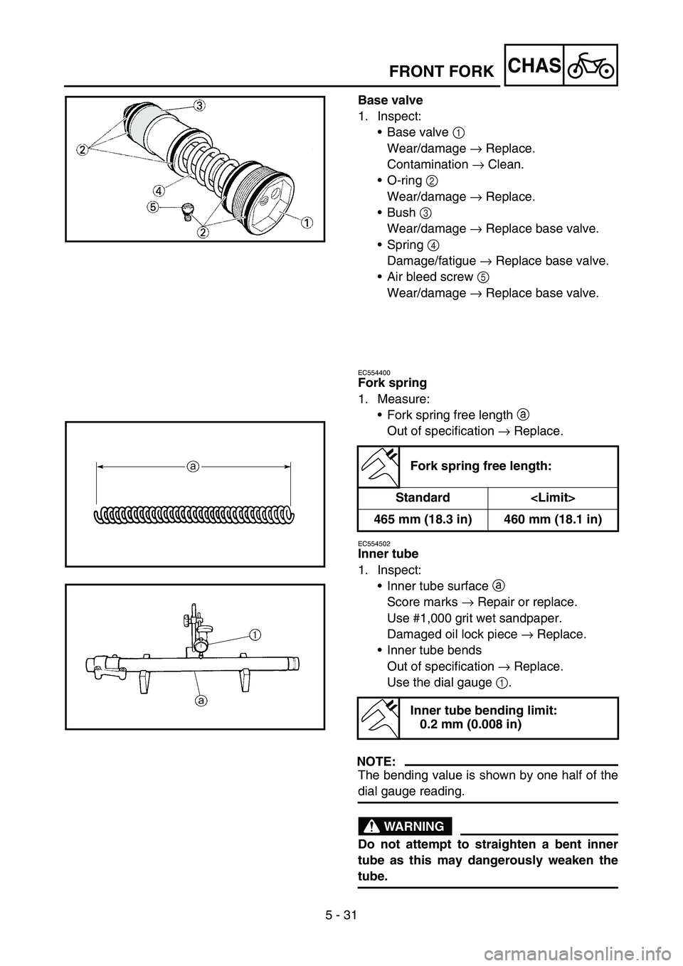 YAMAHA YZ450F 2005 Notices Demploi (in French) 5 - 31
CHAS
Base valve
1. Inspect:
Base valve 1
Wear/damage → Replace.
Contamination → Clean.
O-ring 2
Wear/damage → Replace.
Bush 3
Wear/damage → Replace base valve.
Spring 4
Damage/f YAMAHA YZ450F 2005 Notices Demploi (in French) 5 - 31
CHAS
Base valve
1. Inspect:
Base valve 1
Wear/damage → Replace.
Contamination → Clean.
O-ring 2
Wear/damage → Replace.
Bush 3
Wear/damage → Replace base valve.
Spring 4
Damage/f